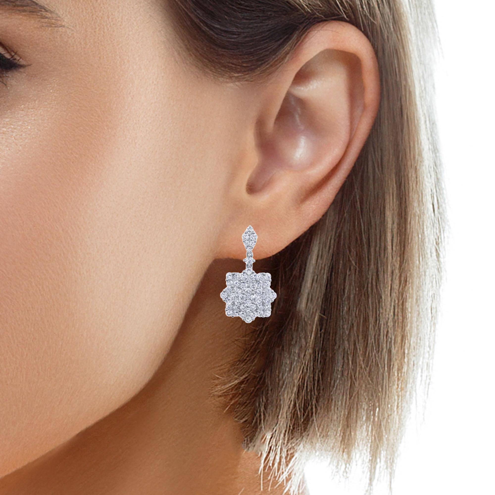 Diamond Snowflake Drop Earrings in White Gold, 3.34 Carats Total For Sale 2