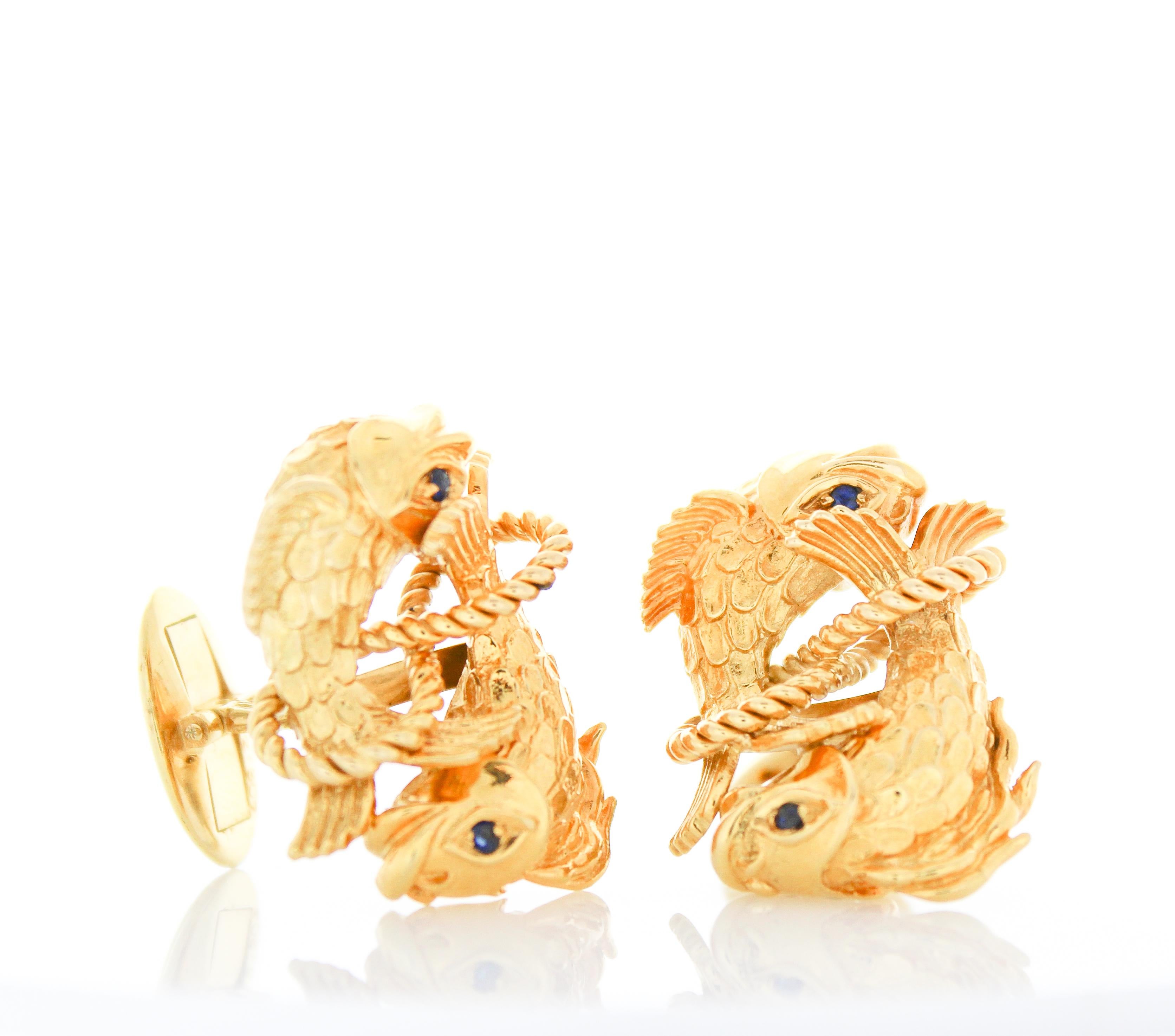 Add a touch of sophistication to your professional or formal attire with these one-of-a-kind cufflinks. These brightly polished 18k yellow gold cufflinks feature sapphires prong set in the rich gold sparkling with intense color. These handsome