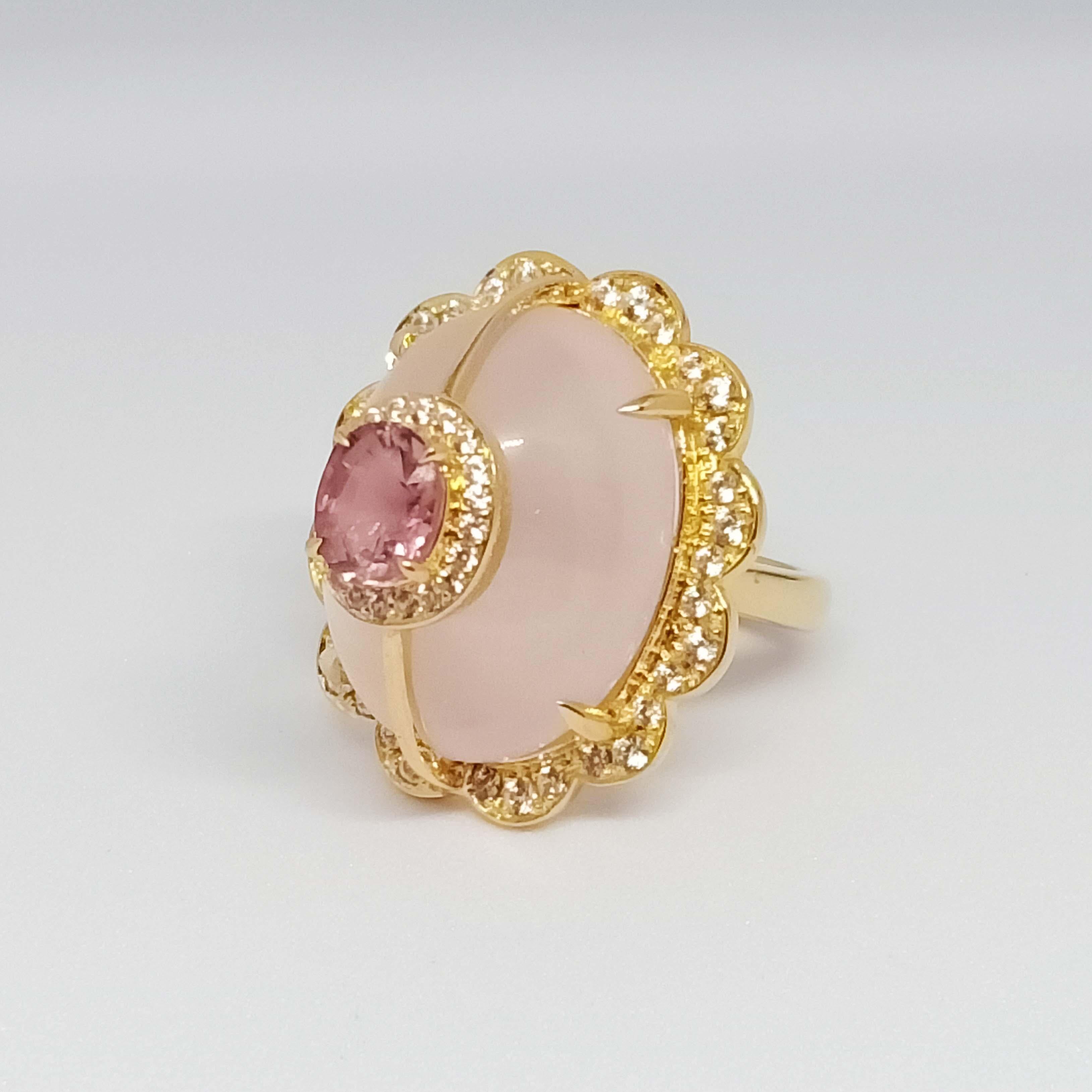 Art Nouveau 33.43 Cts. Rose Quartz Ring. Sterling Silver on 18K Gold Plated. For Sale