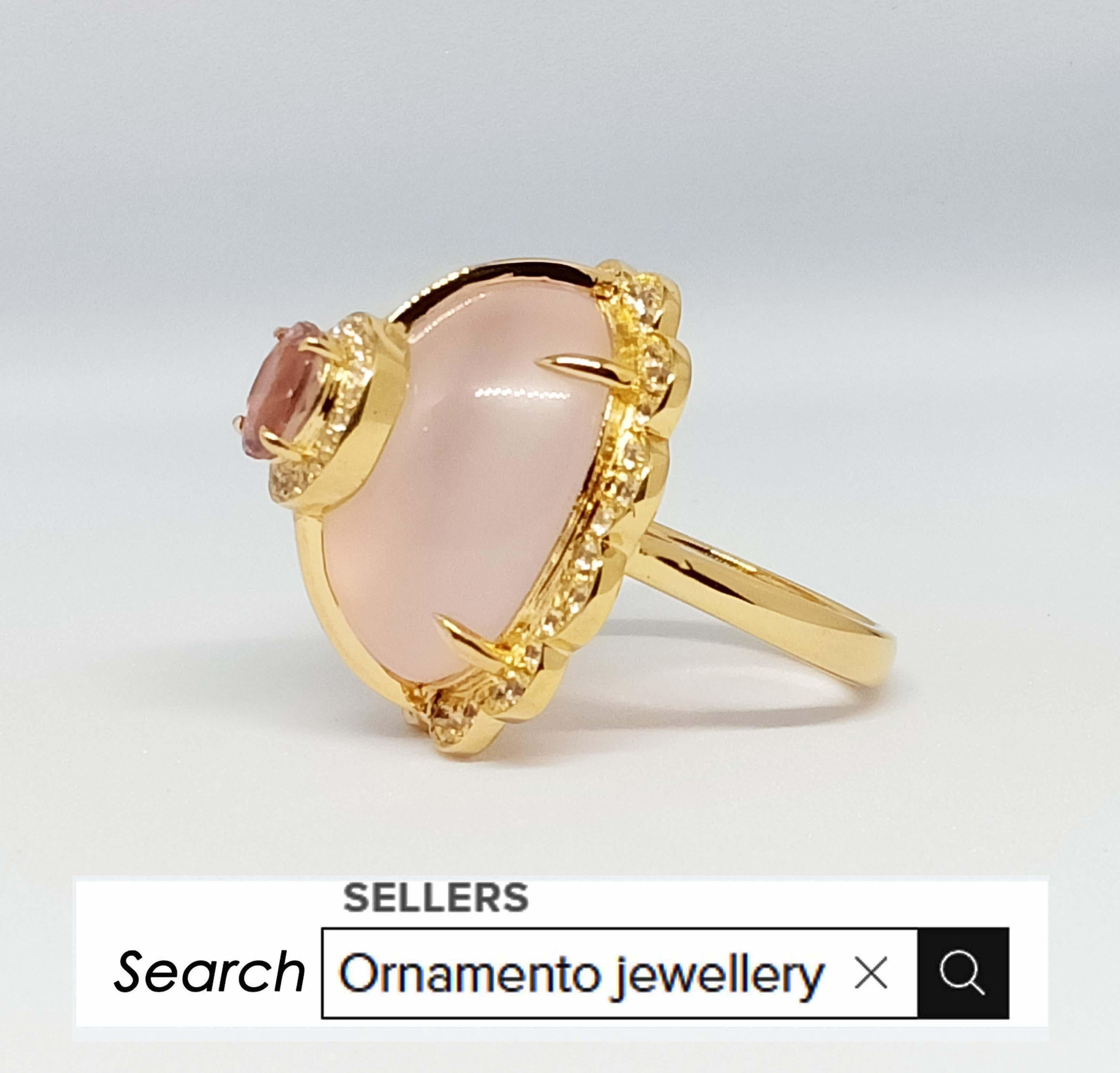 Cabochon 33.43 Cts. Rose Quartz Ring. Sterling Silver on 18K Gold Plated. For Sale