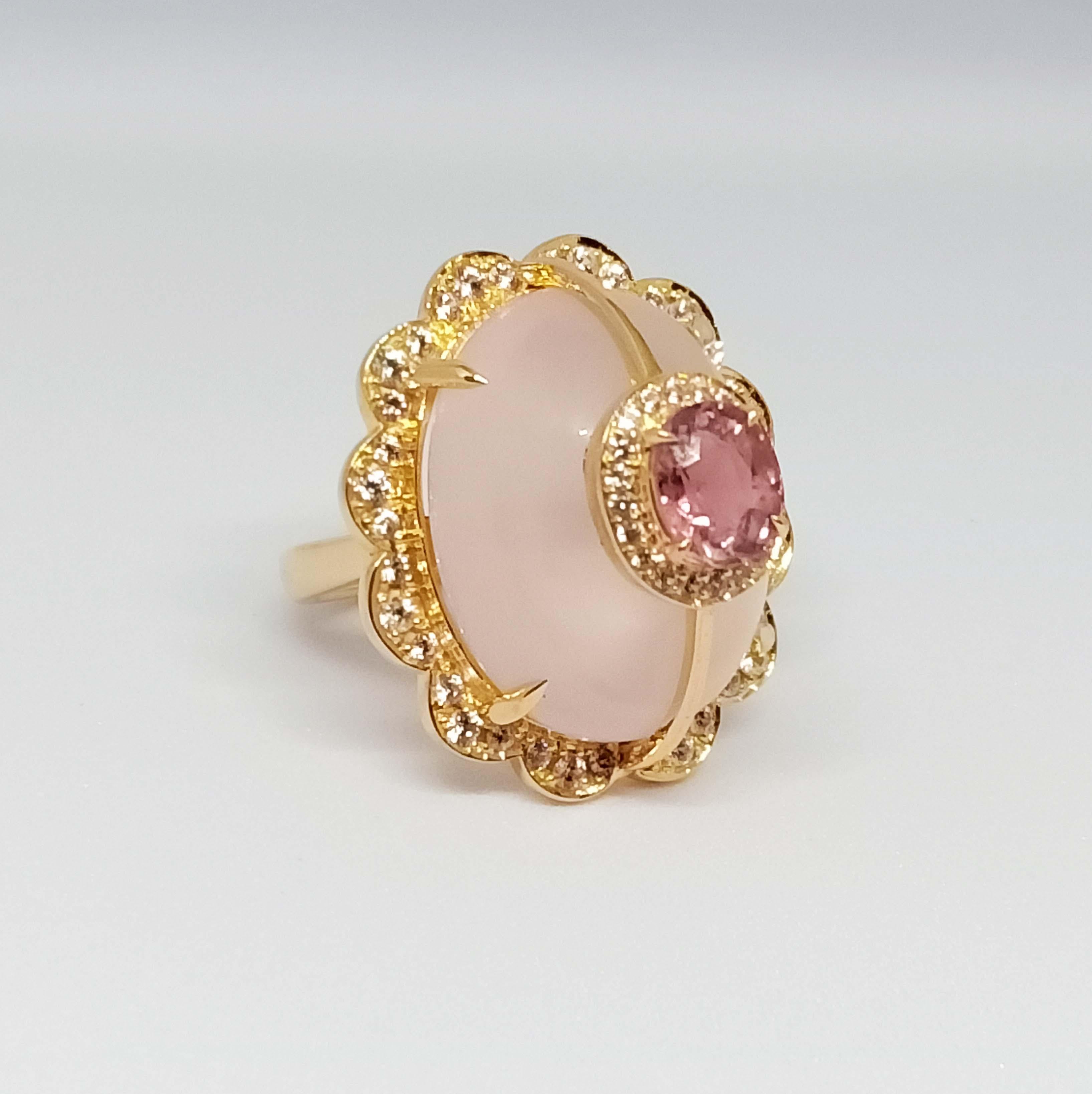 33.43 Cts. Rose Quartz Ring. Sterling Silver on 18K Gold Plated. For Sale 1