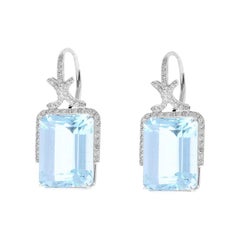 33.45 Carat Emerald Cut Aquamarine and Diamond Earrings in 18 Karat White Gold