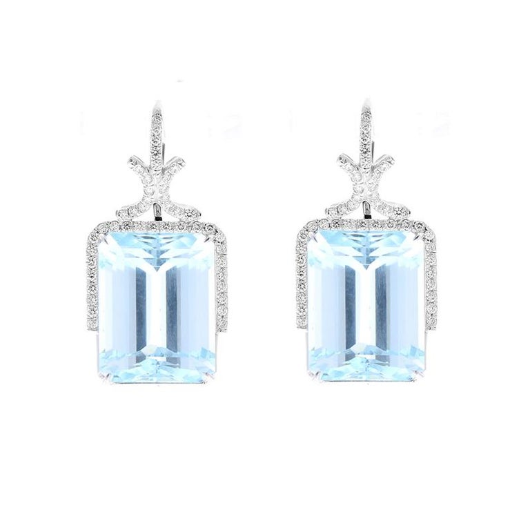 33.45 Carat Emerald Cut Aquamarine and Diamond Earrings in 18 Karat