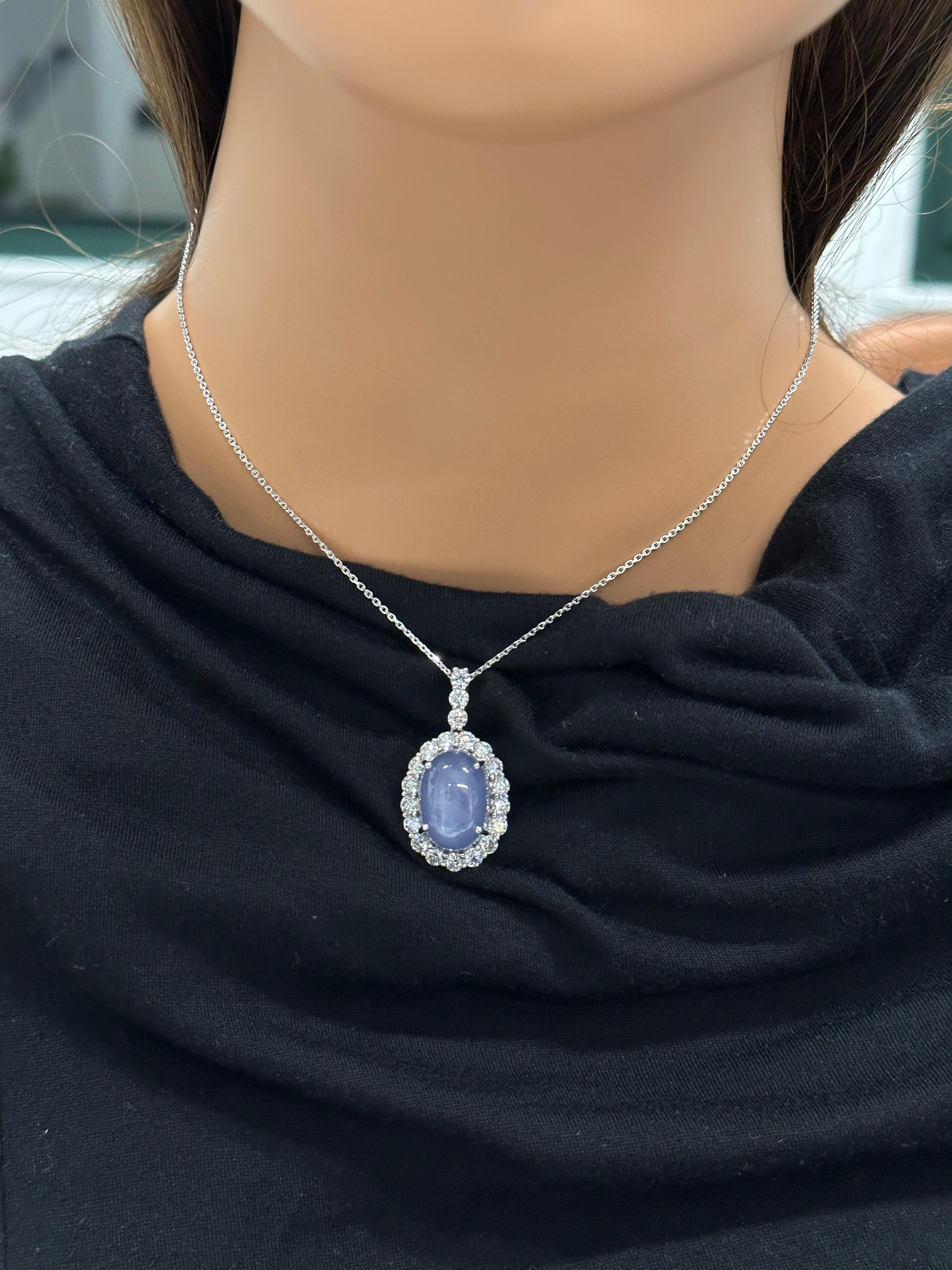 33.45 Carat Star Sapphire Oval Cut & Diamond Pendants in 18K White Gold In New Condition For Sale In Chicago, IL