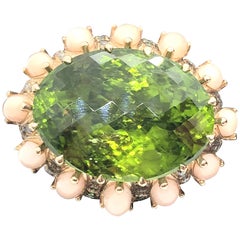 33.46 Carat Green Peridot Gold Cocktail Ring White Brown Diamonds Coral Pear