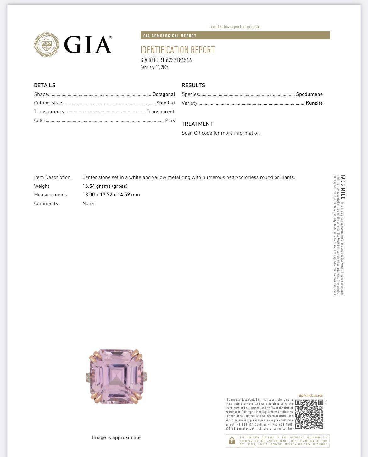 Bague en kunzite rose taillée en asscher de 33,49 carats. Certifié GIA. en vente 1