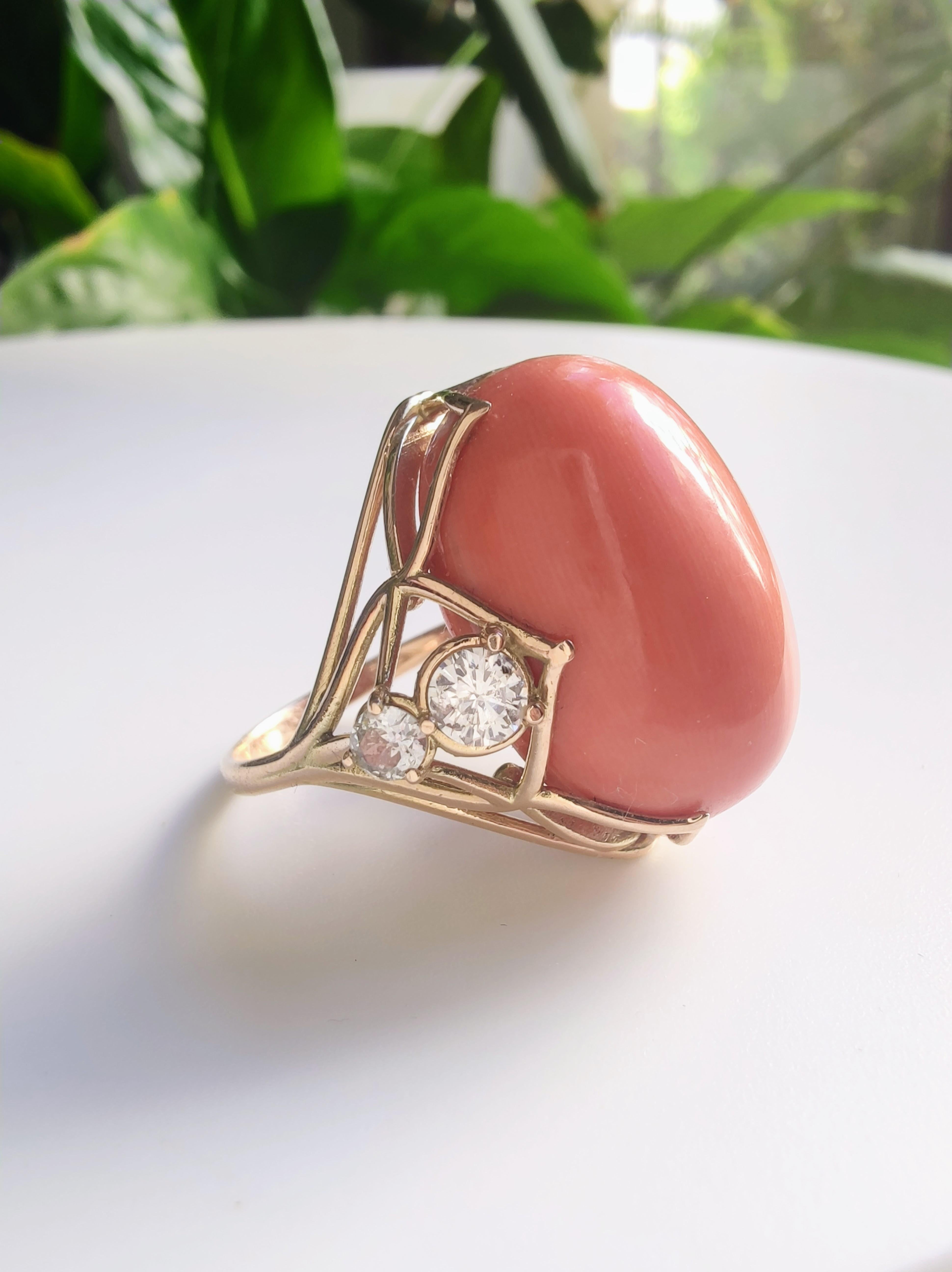 33,49 Karat Koralle Diamant Ring zertifiziert 14K Gelbgold Einzigartiger skulpturaler Cocktail im Angebot 3