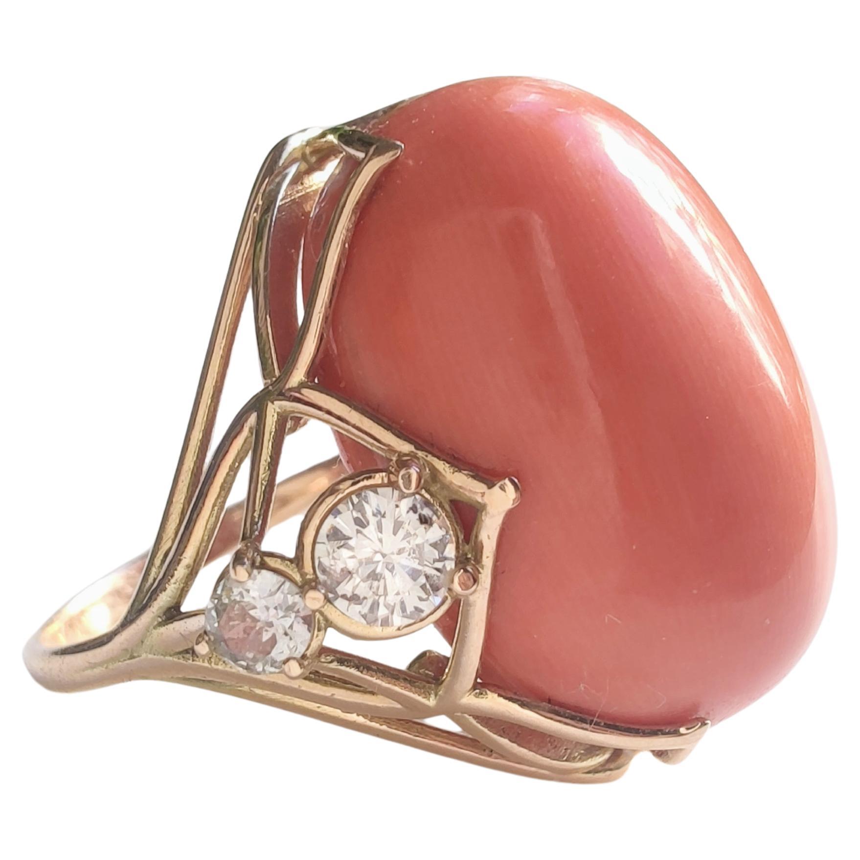 33,49 Karat Koralle Diamant Ring zertifiziert 14K Gelbgold Einzigartiger skulpturaler Cocktail im Angebot