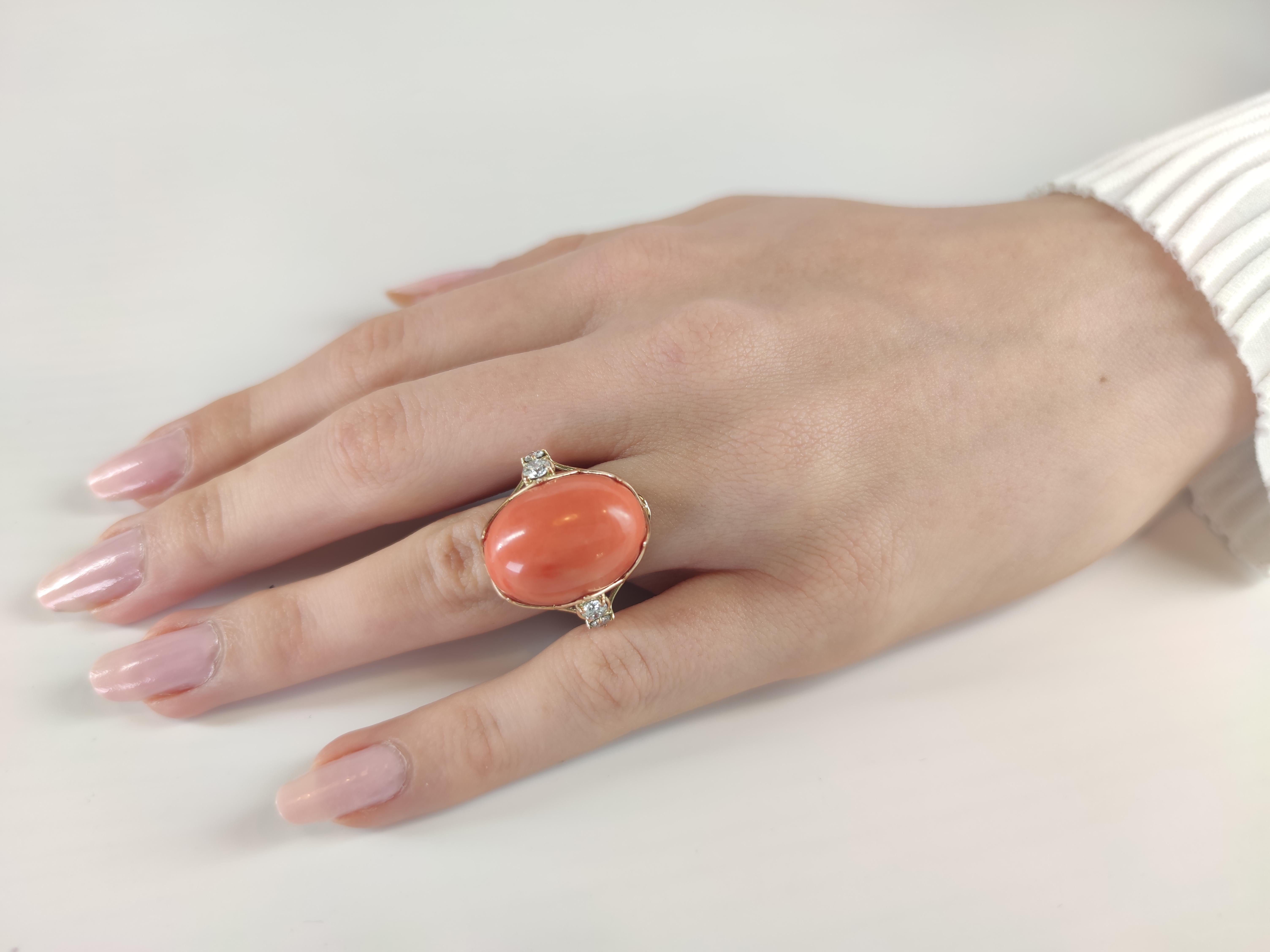 Contemporary 33.49ct Coral Diamond Statement Ring in 14K Gold – Sculptural Handmade Design For Sale