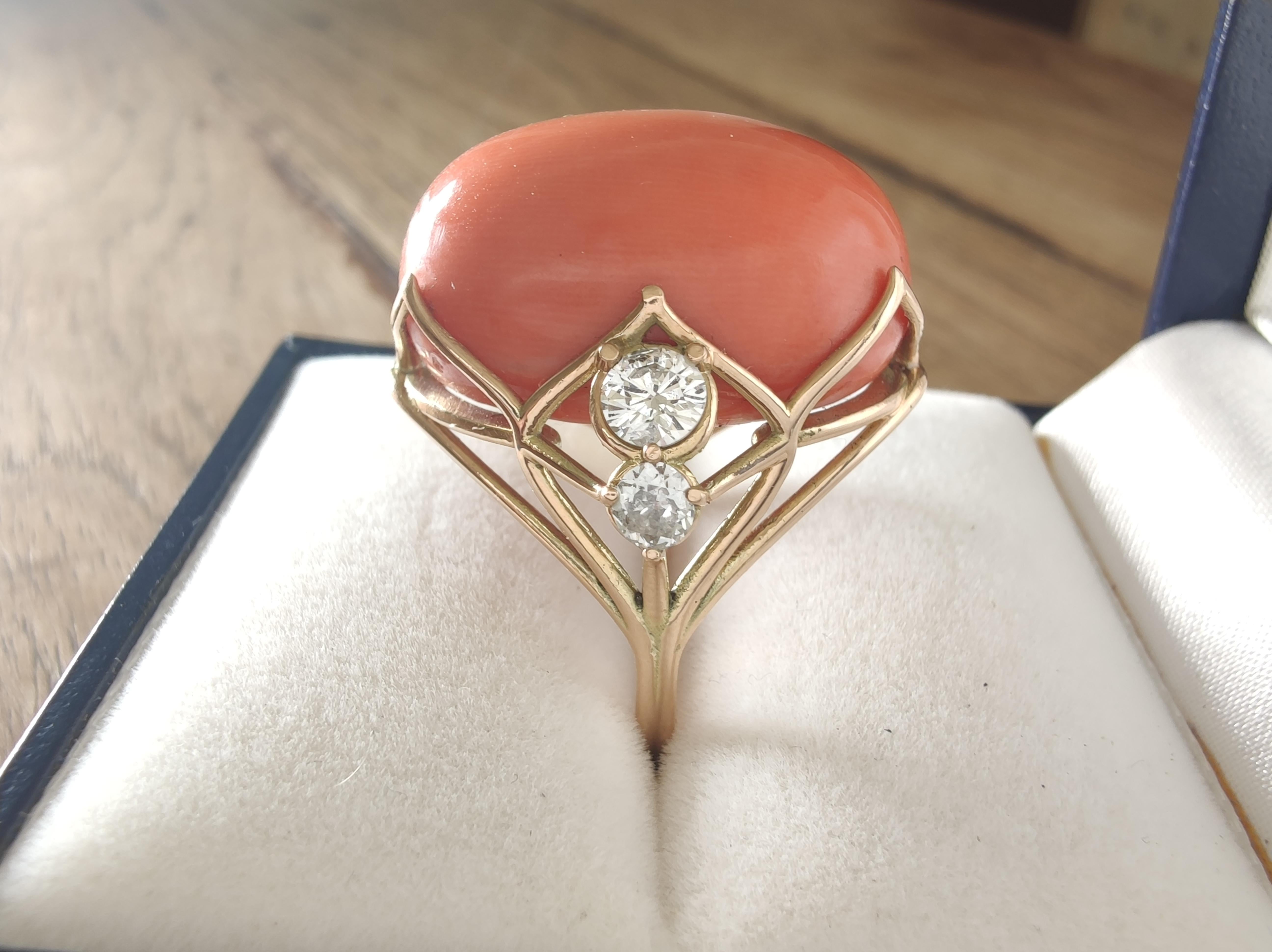 Cabochon 33.49ct Coral Diamond Statement Ring in 14K Gold – Sculptural Handmade Design For Sale