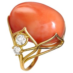 33.49ct Coral Diamond Statement Ring in 14K Gold – Sculptural Handmade Design