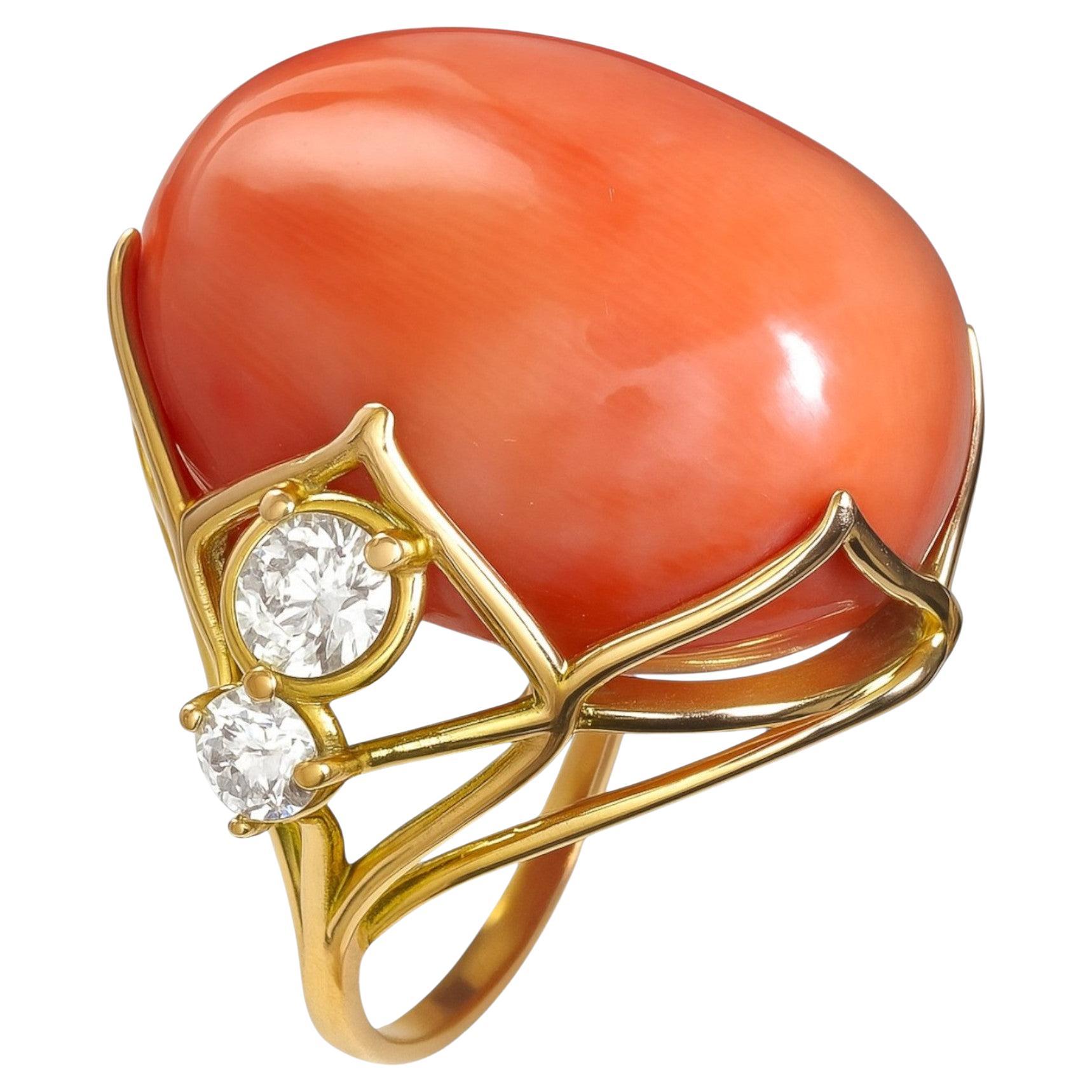 33.49ct Anillo de Oro de 14K con Diamantes y Coral - Diseño Escultural Hecho a Mano
