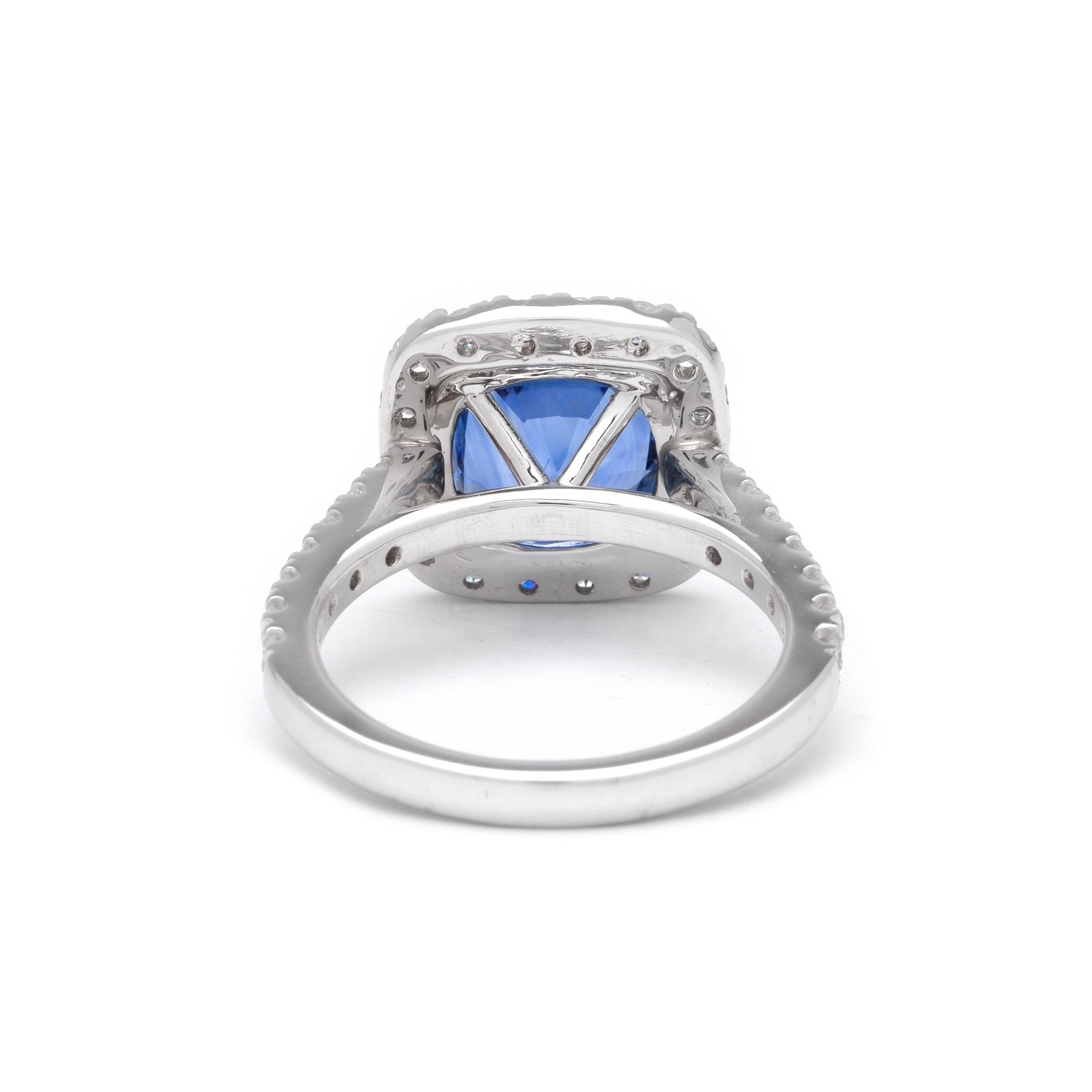 Modern 3.34ct Cushion Sapphire Ring in 14K White Gold, 1.00ct Side Diamonds For Sale