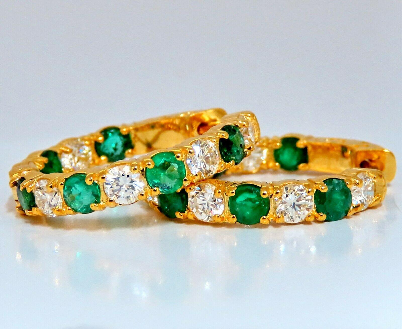Women's or Men's 3.34ct Natural Emerald Diamonds Hoop Earrings 14kt Yellow Gold Inside Out