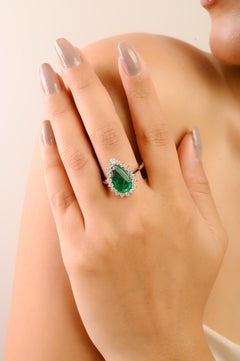 3.34Ct Pear Cut Emerald & Diamond Cocktail Ring in 14K White Gold Jewelry Gift