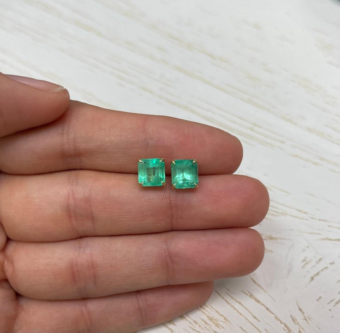 Modern 3.34tcw Colombian Emerald Stud Earrings in 14K Gold Natural Emerald Cut Studs For Sale