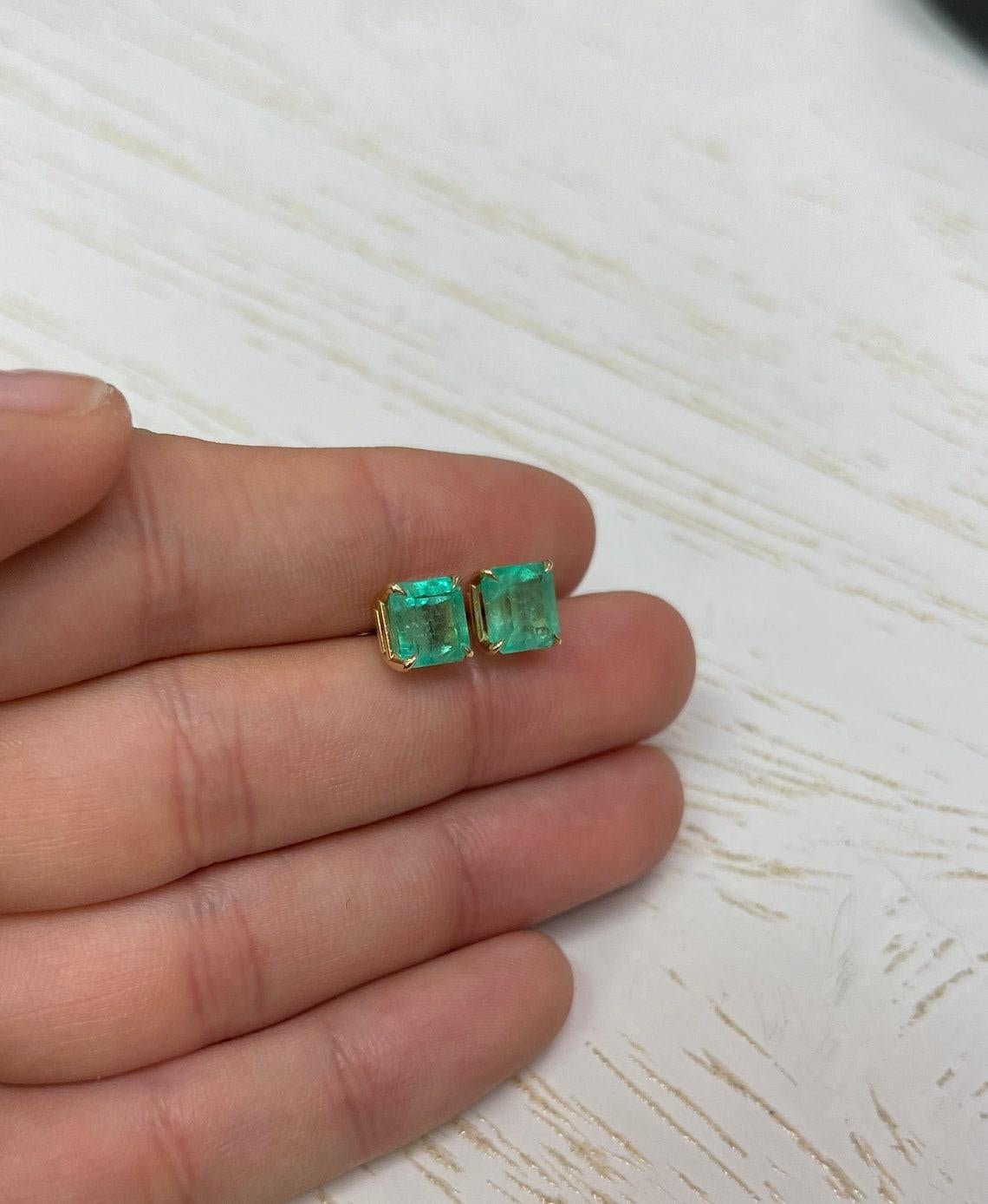 3.34tcw Colombian Emerald Stud Earrings in 14K Gold Natural Emerald Cut Studs In New Condition For Sale In Jupiter, FL