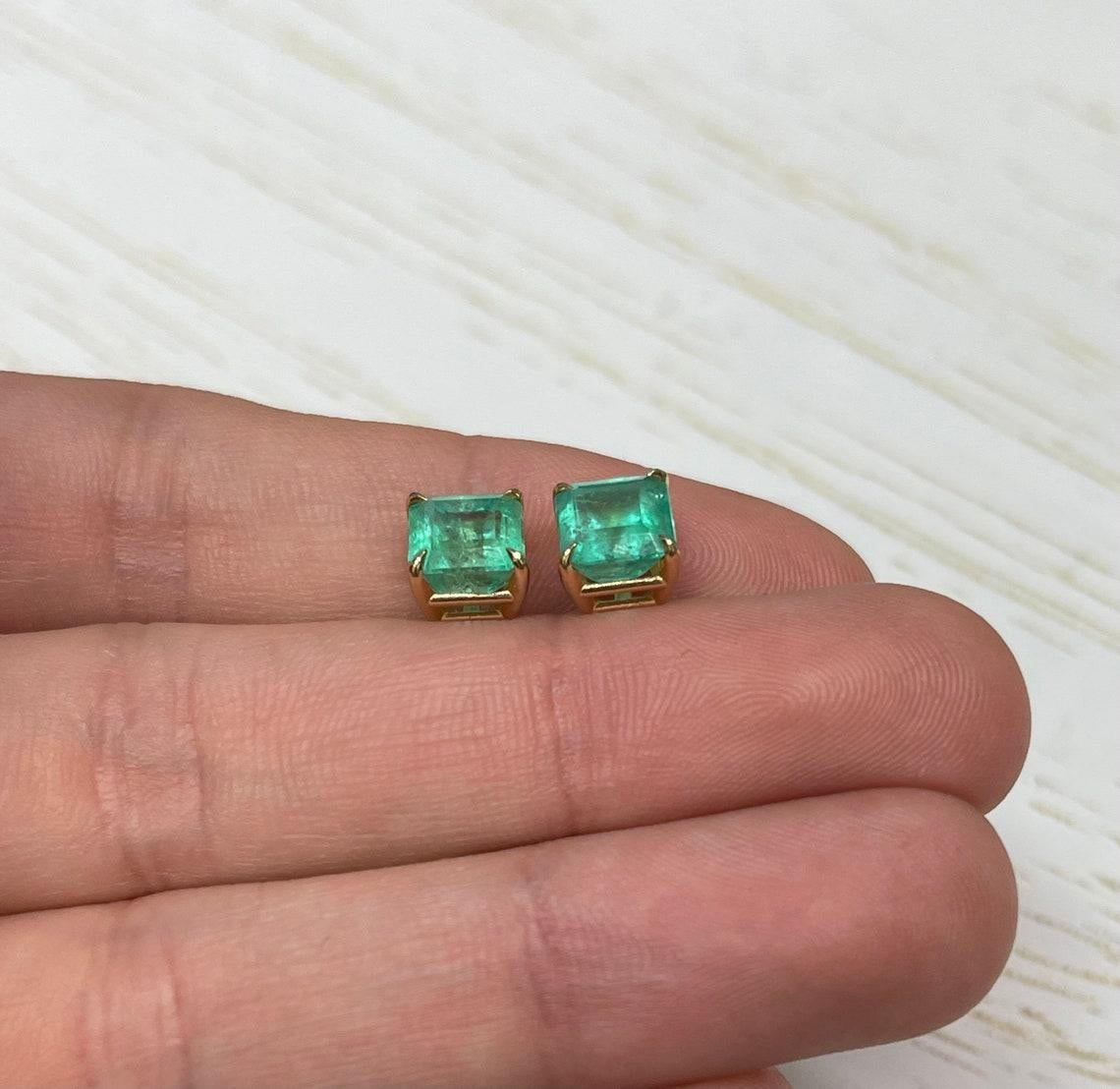 Women's 3.34tcw Colombian Emerald Stud Earrings in 14K Gold Natural Emerald Cut Studs For Sale