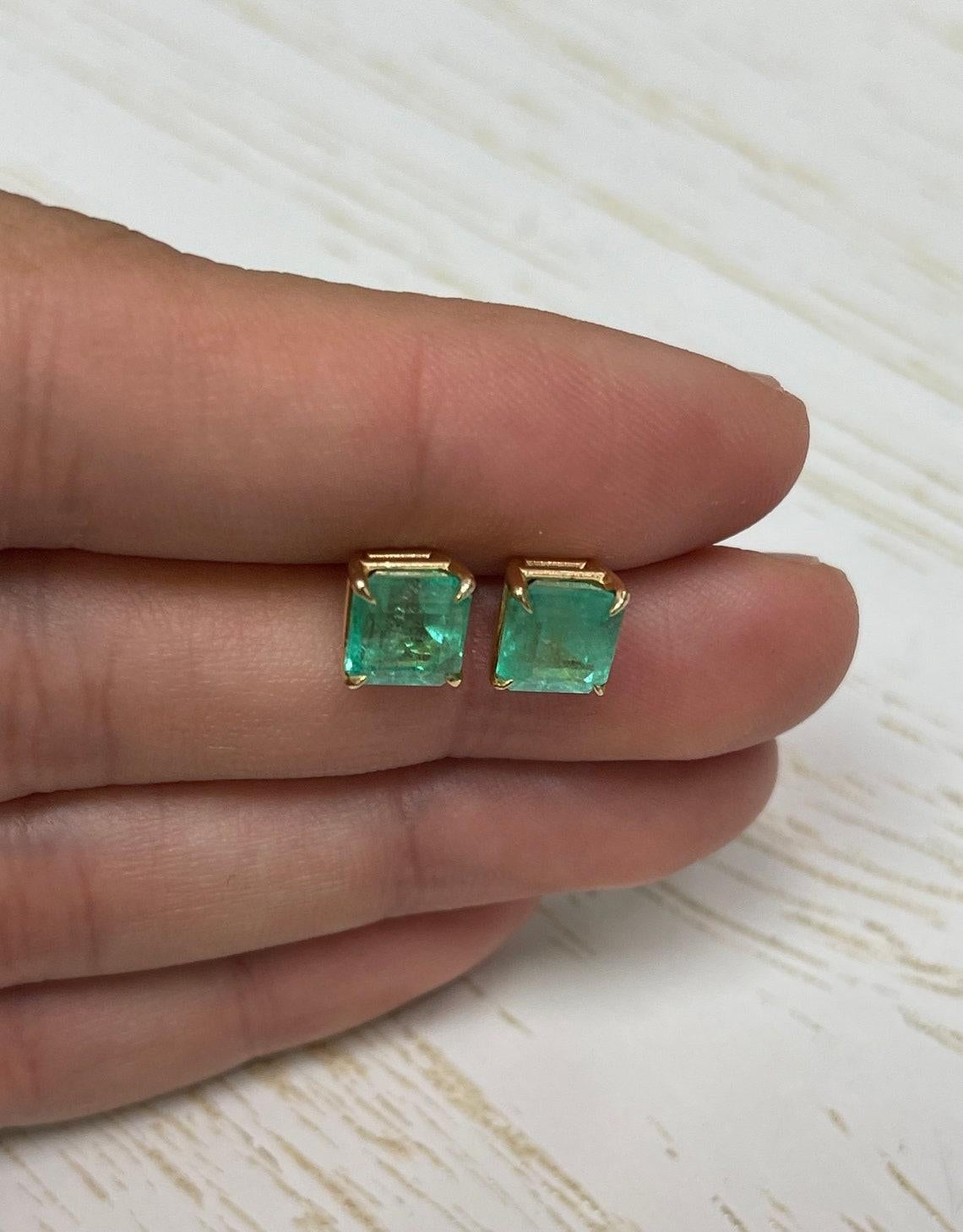 3.34tcw Colombian Emerald Stud Earrings in 14K Gold Natural Emerald Cut Studs For Sale 1