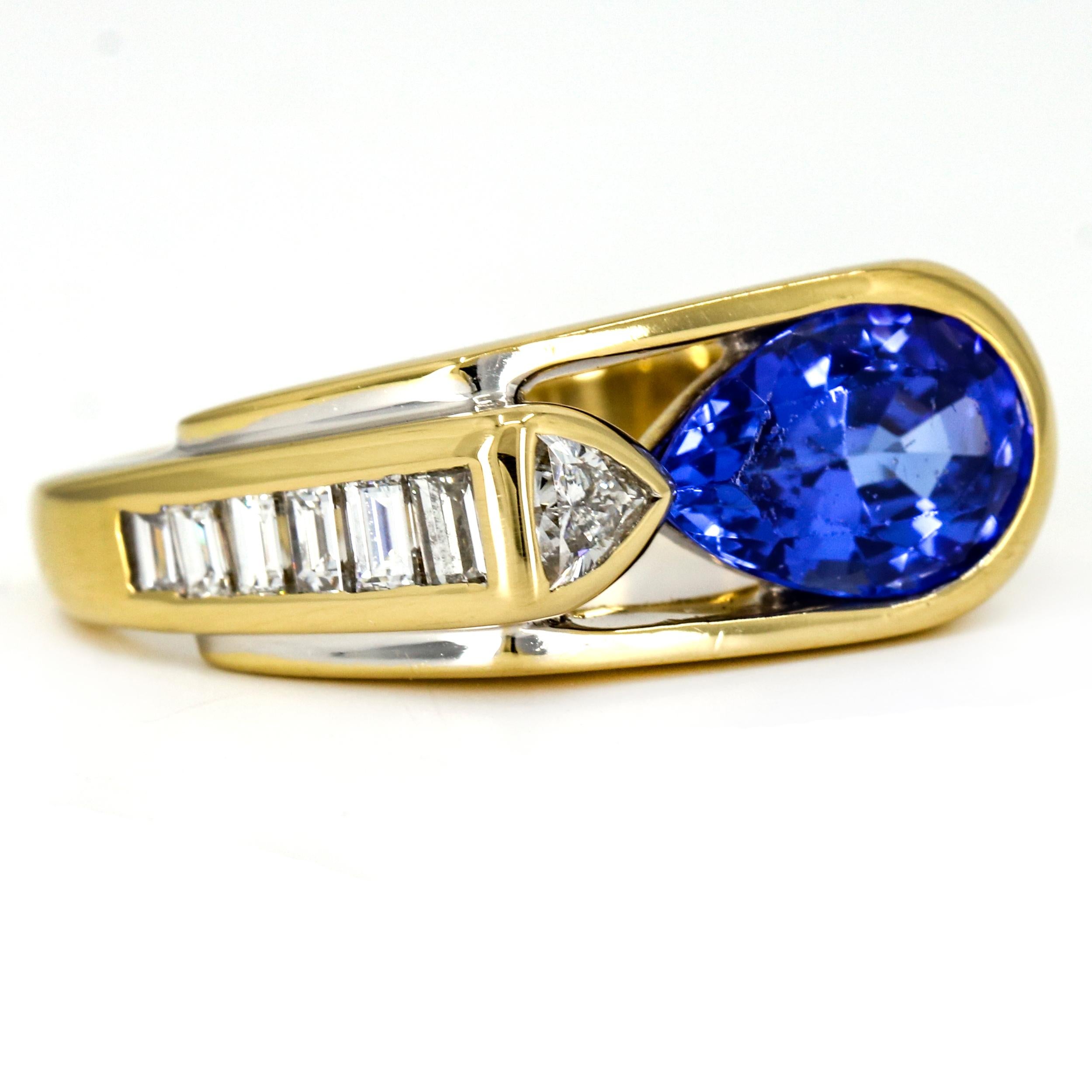 Contemporary 3.35 Carat 18 Karat Yellow Gold Tanzanite Diamond Band Ring For Sale