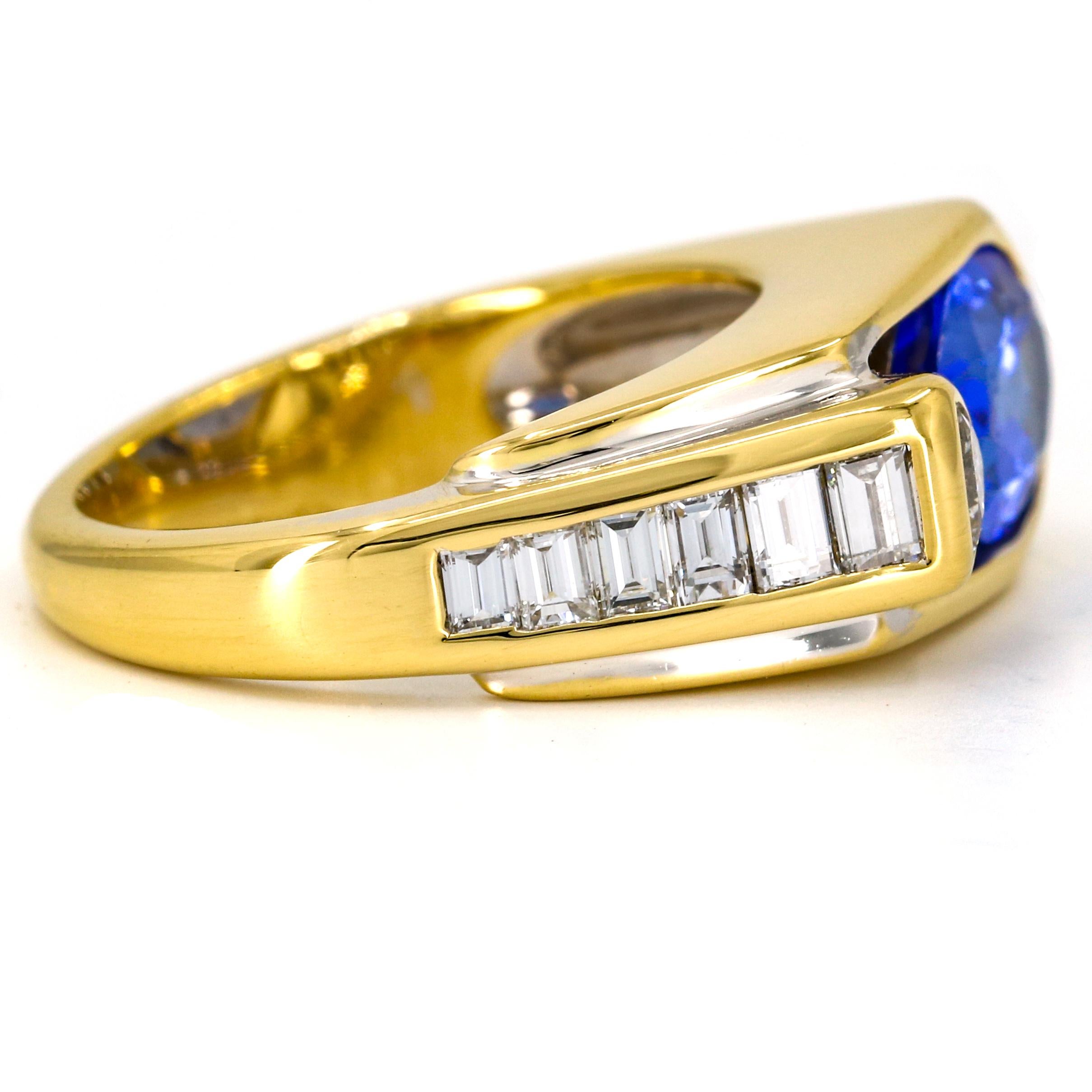 Pear Cut 3.35 Carat 18 Karat Yellow Gold Tanzanite Diamond Band Ring For Sale