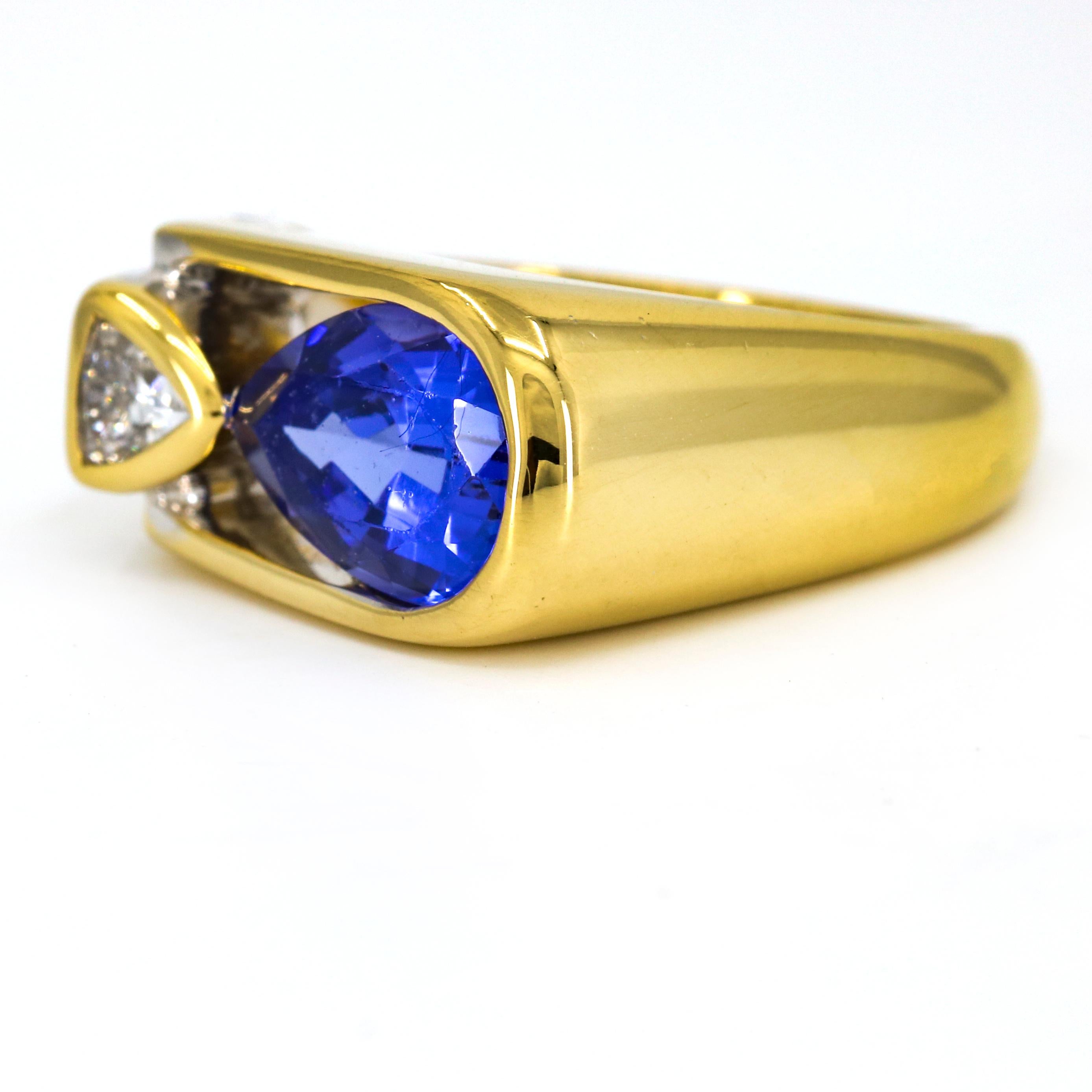 3.35 Carat 18 Karat Yellow Gold Tanzanite Diamond Band Ring For Sale 1