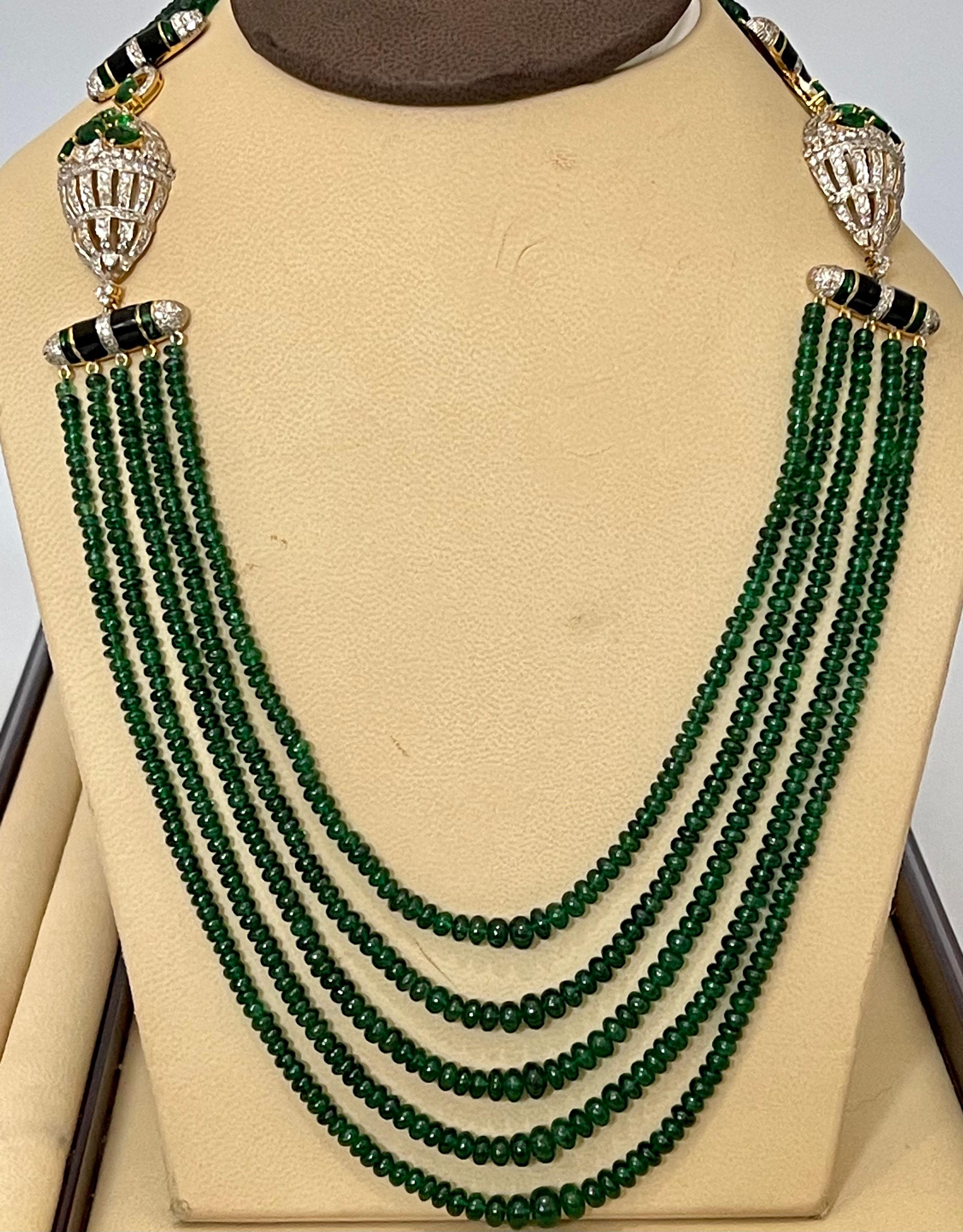 335 Carat 5-Strand Emerald Necklace with 6.5 Carat Diamond & Enamel in 14k Gold For Sale 3