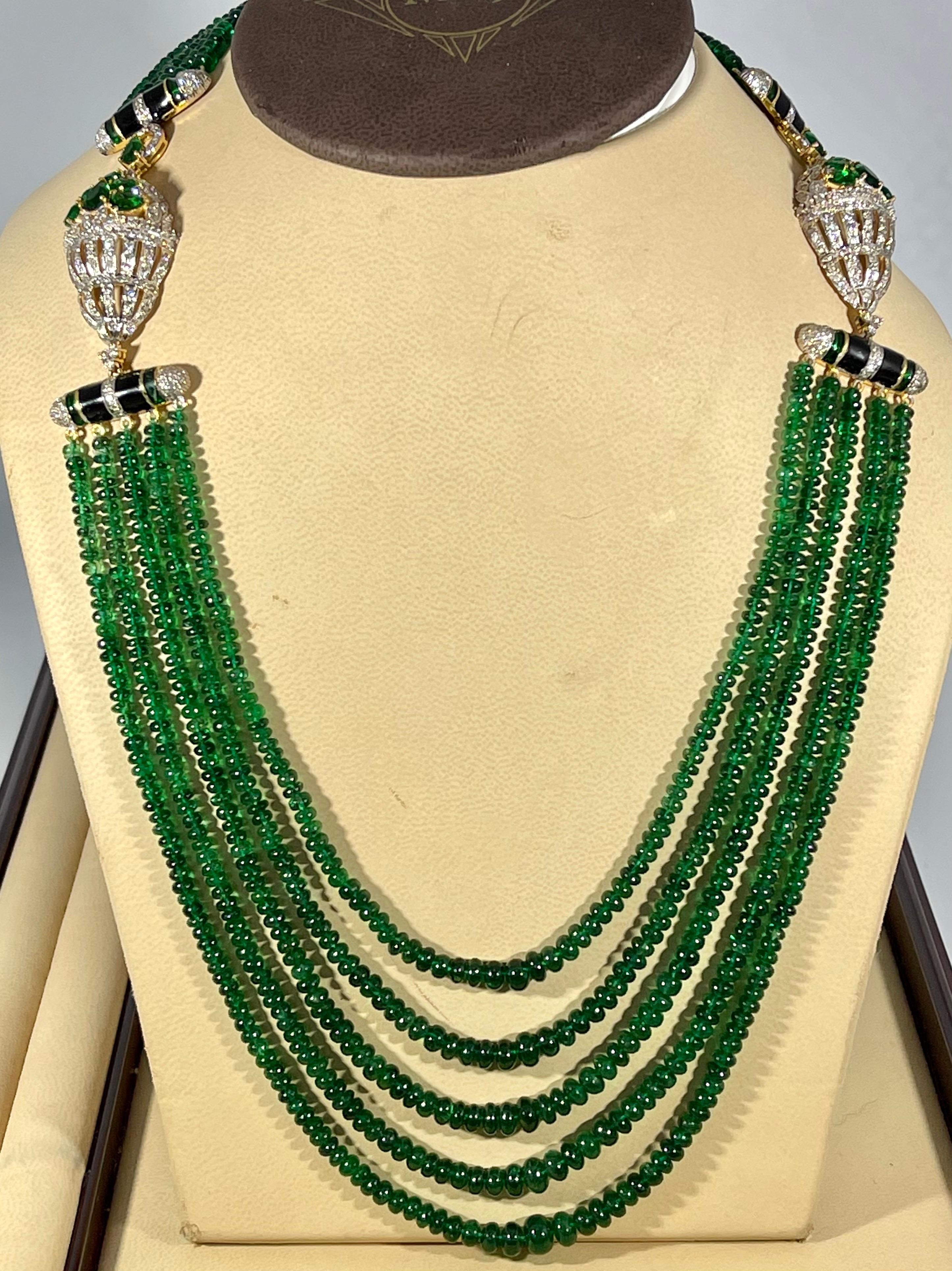 335 Carat 5-Strand Emerald Necklace with 6.5 Carat Diamond & Enamel in 14k Gold For Sale 4