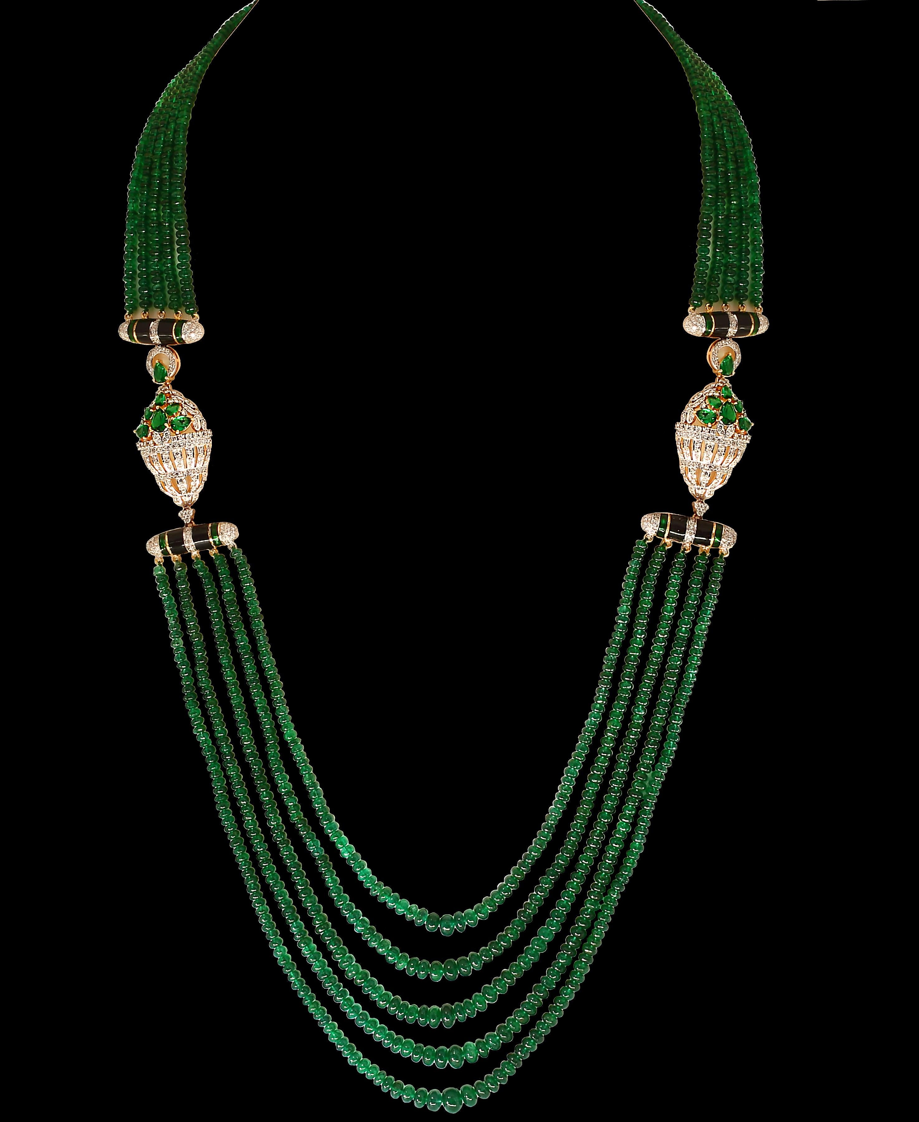 335 Carat 5-Strand Emerald Necklace with 6.5 Carat Diamond & Enamel in 14k Gold For Sale 5