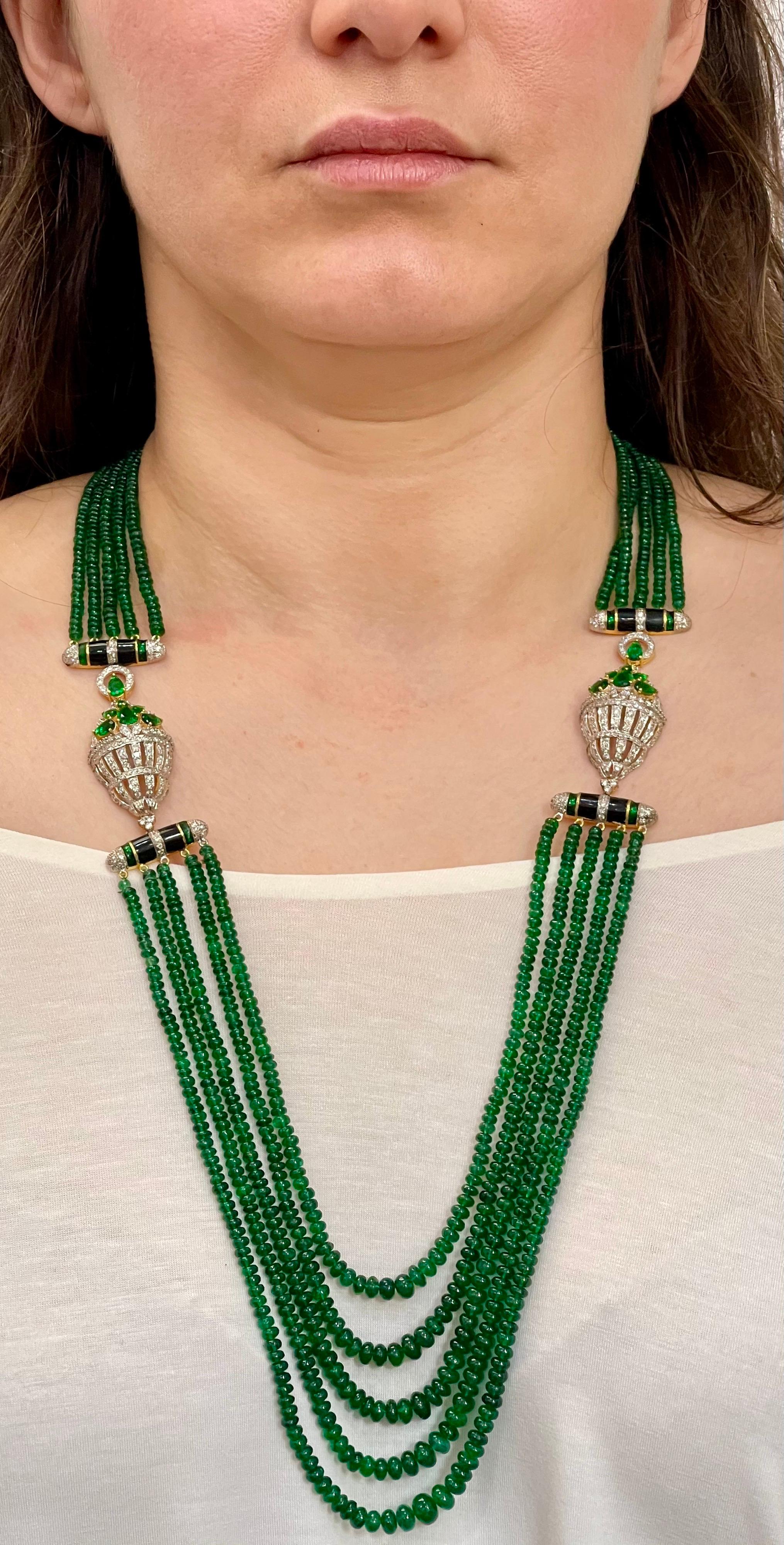 335 Carat 5-Strand Emerald Necklace with 6.5 Carat Diamond & Enamel in 14k Gold For Sale 6