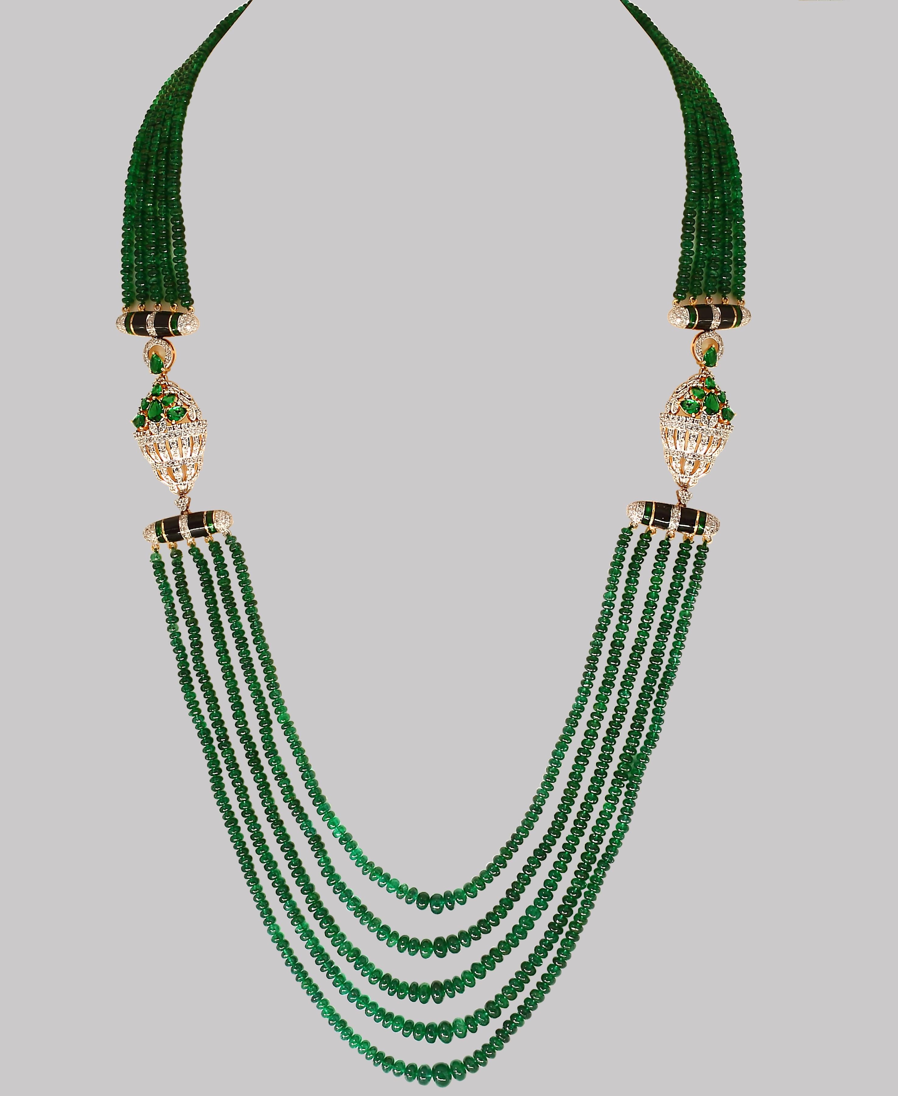 Approximately 335 Carat  very fine Emerald Beads 5 Line Necklace With 14 Karat Yellow Gold Clasp Adjustable with multiple links
This spectacular Necklace   consisting of approximately 335 Ct  of fine beads.
The shine sparkle and brilliance with deep
