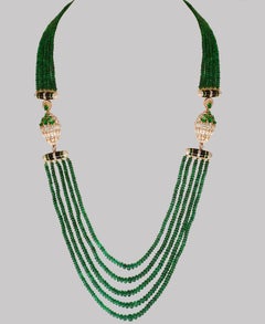 335 Carat 5-Strand Emerald Necklace with 6.5 Carat Diamond & Enamel in 14k Gold