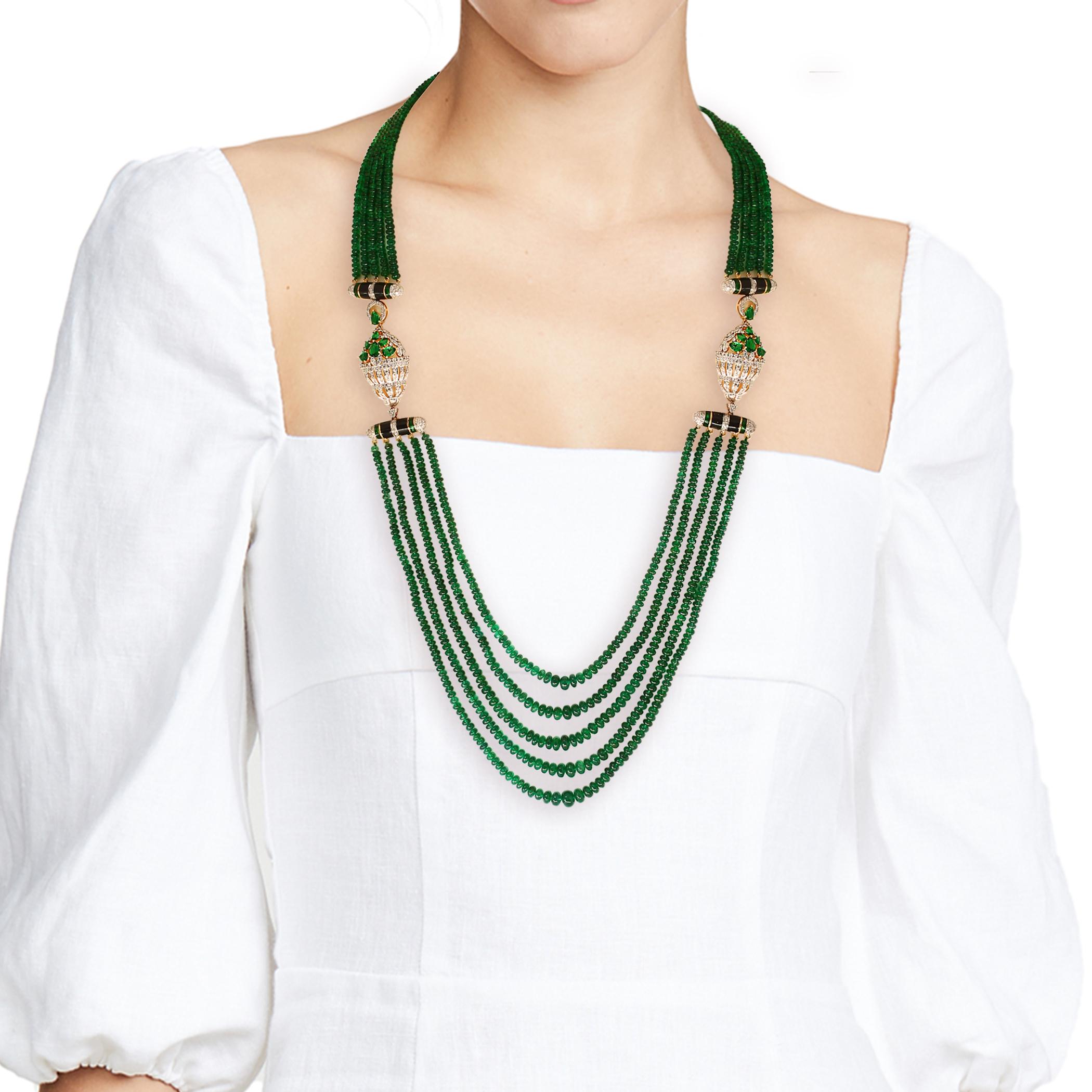 335 Karat 5-strangige Smaragd-Halskette mit 6,5 Karat Diamant & Emaille in 14k Gold (Perle) im Angebot