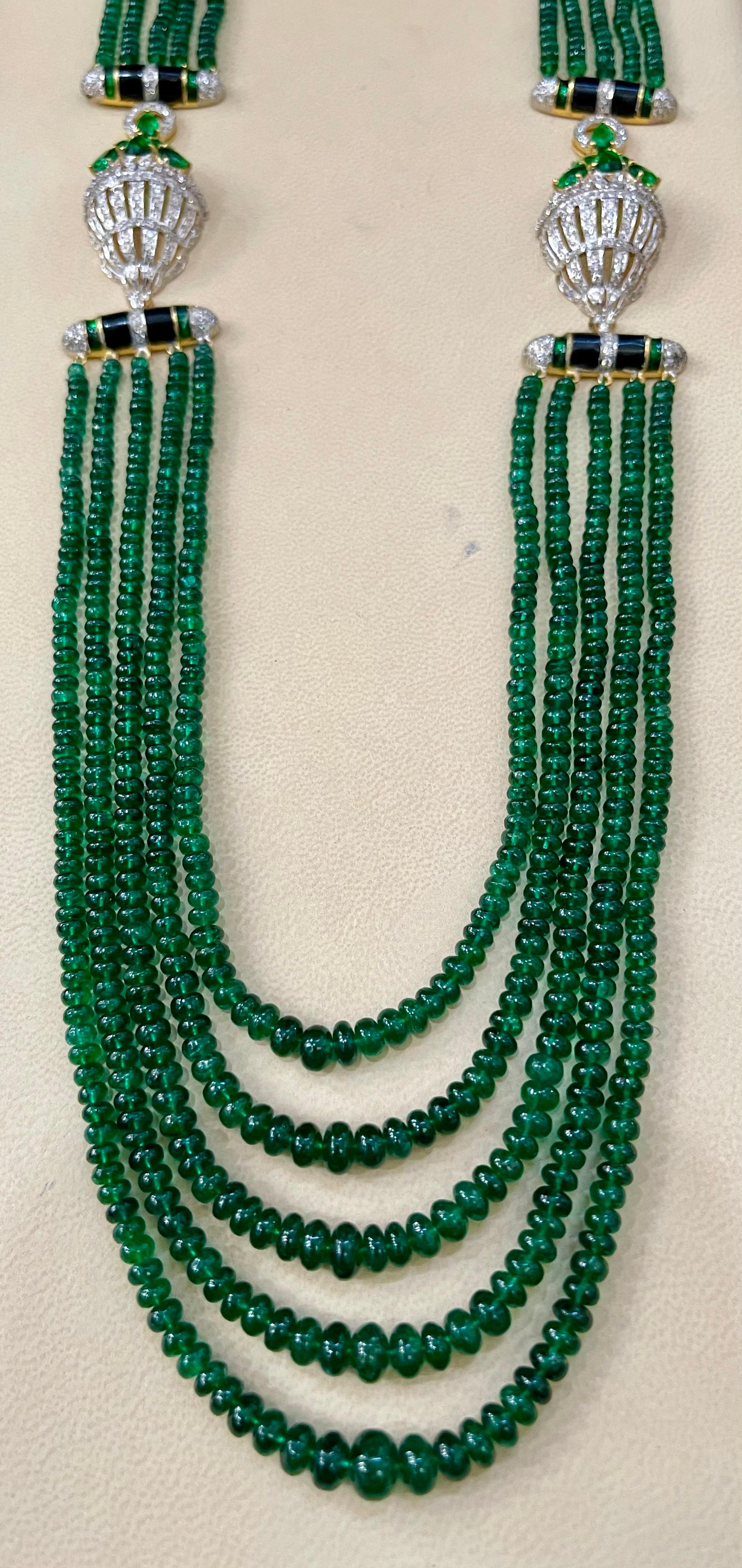 Women's 335 Carat 5-Strand Emerald Necklace with 6.5 Carat Diamond & Enamel in 14k Gold For Sale
