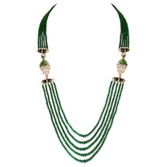 335 Carat 5-Strand Emerald Necklace with 6.5 Carat Diamond & Enamel in 14k Gold