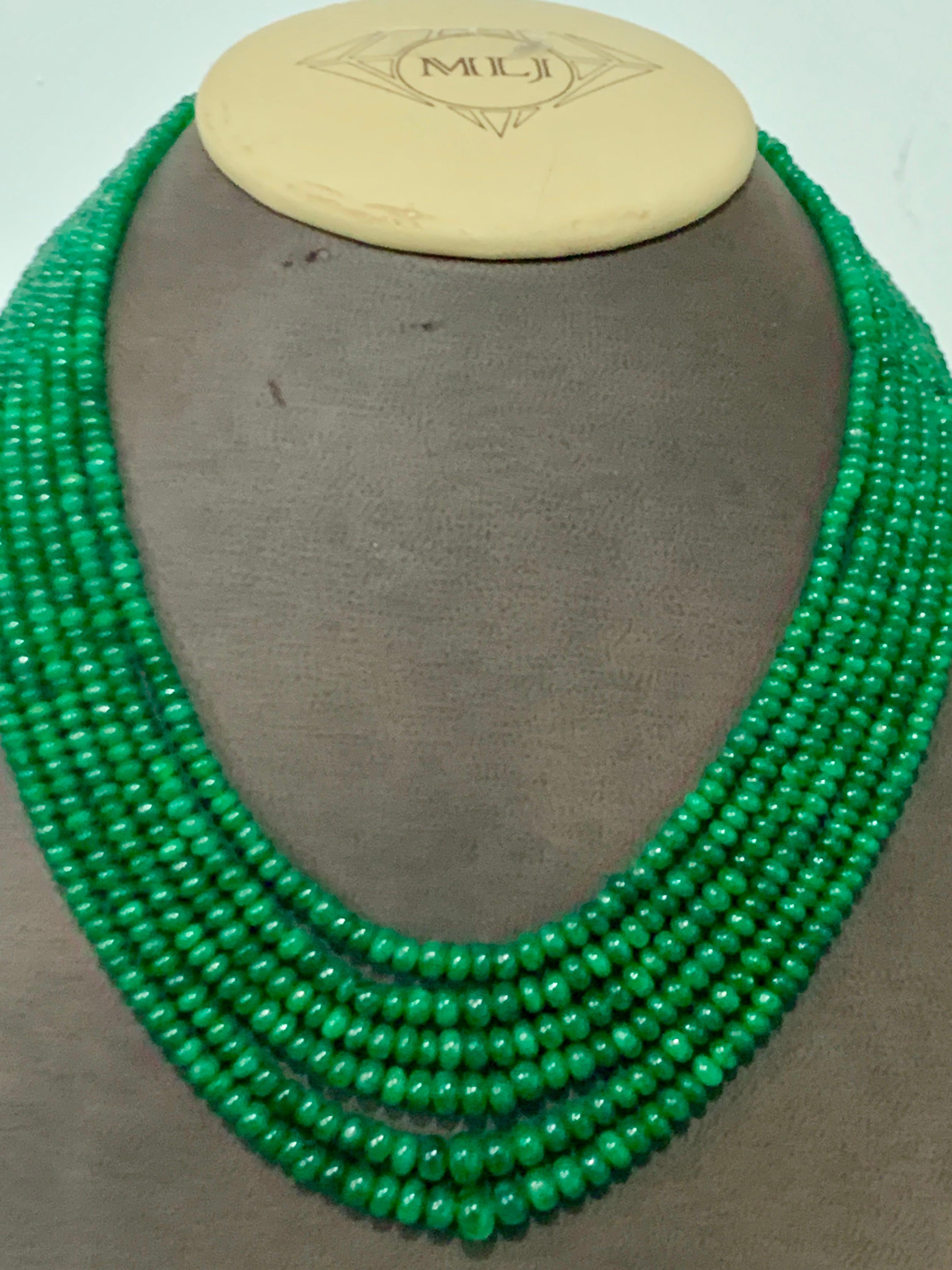 335  Carats 6 Layer  natural Brazilian Emerald Bead Necklace Sterling Silver Clasp
This spectacular Necklace   consisting of approximately 335 Ct   of  Fine Emerald Beads  .
A magnificent emerald bead necklace featuring a large number of Graduating