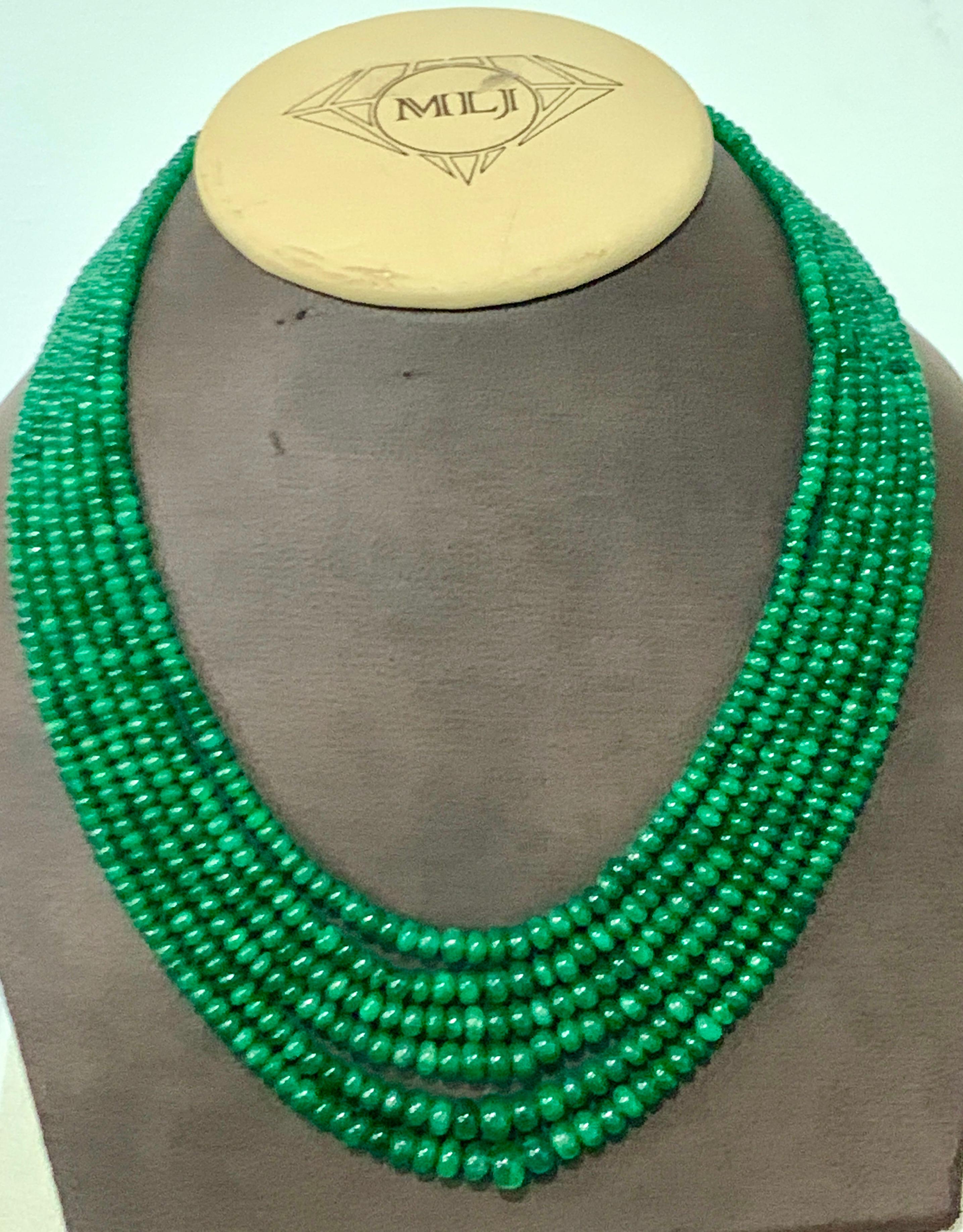 Round Cut 335 Carat 6 Layer Natural Brazilian Emerald Bead Necklace Sterling Silver Clasp