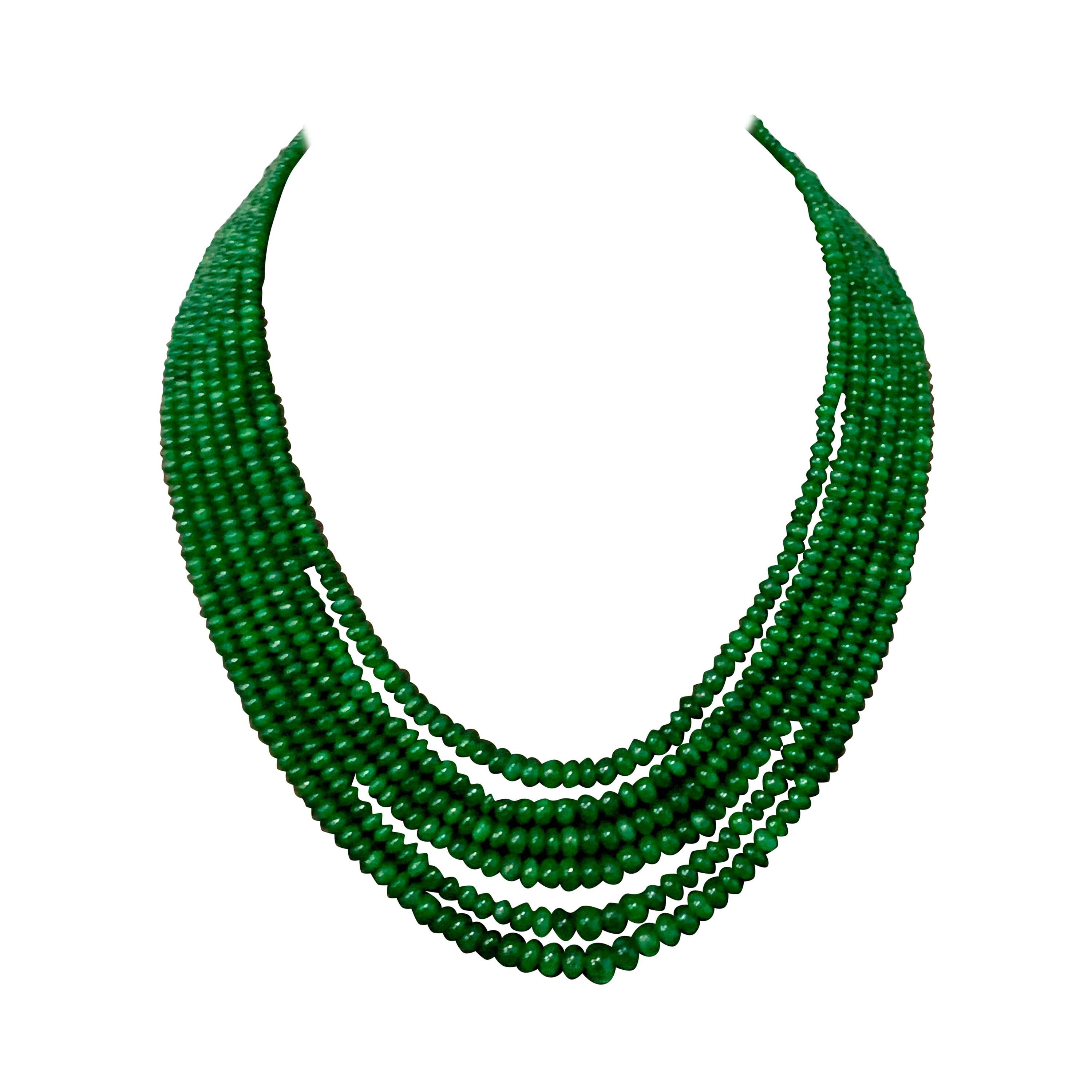 335 Carat 6 Layer Natural Brazilian Emerald Bead Necklace Sterling Silver Clasp