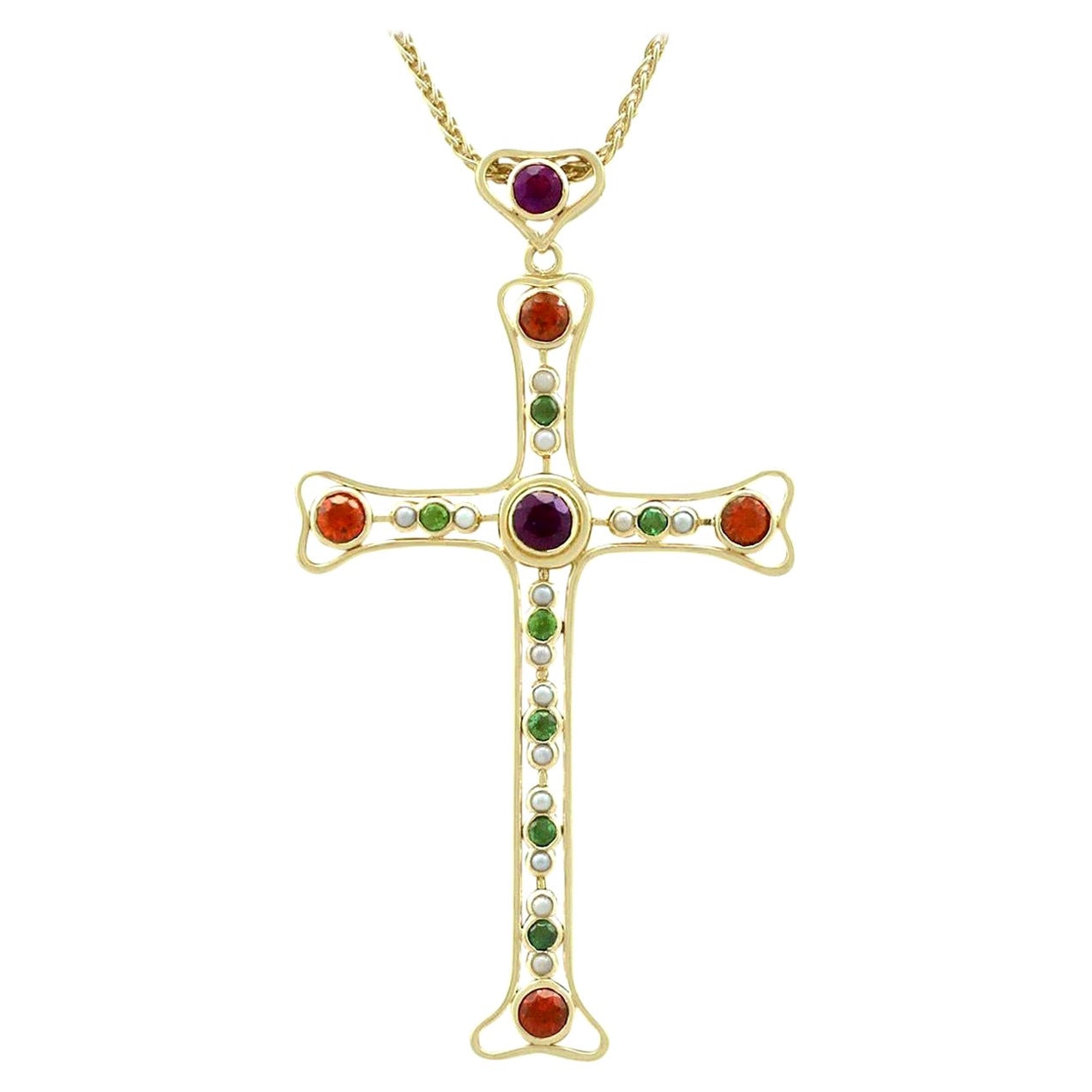 Pendentif croix en améthyste, péridot, citrine et perles naturelles de 3,35 carats