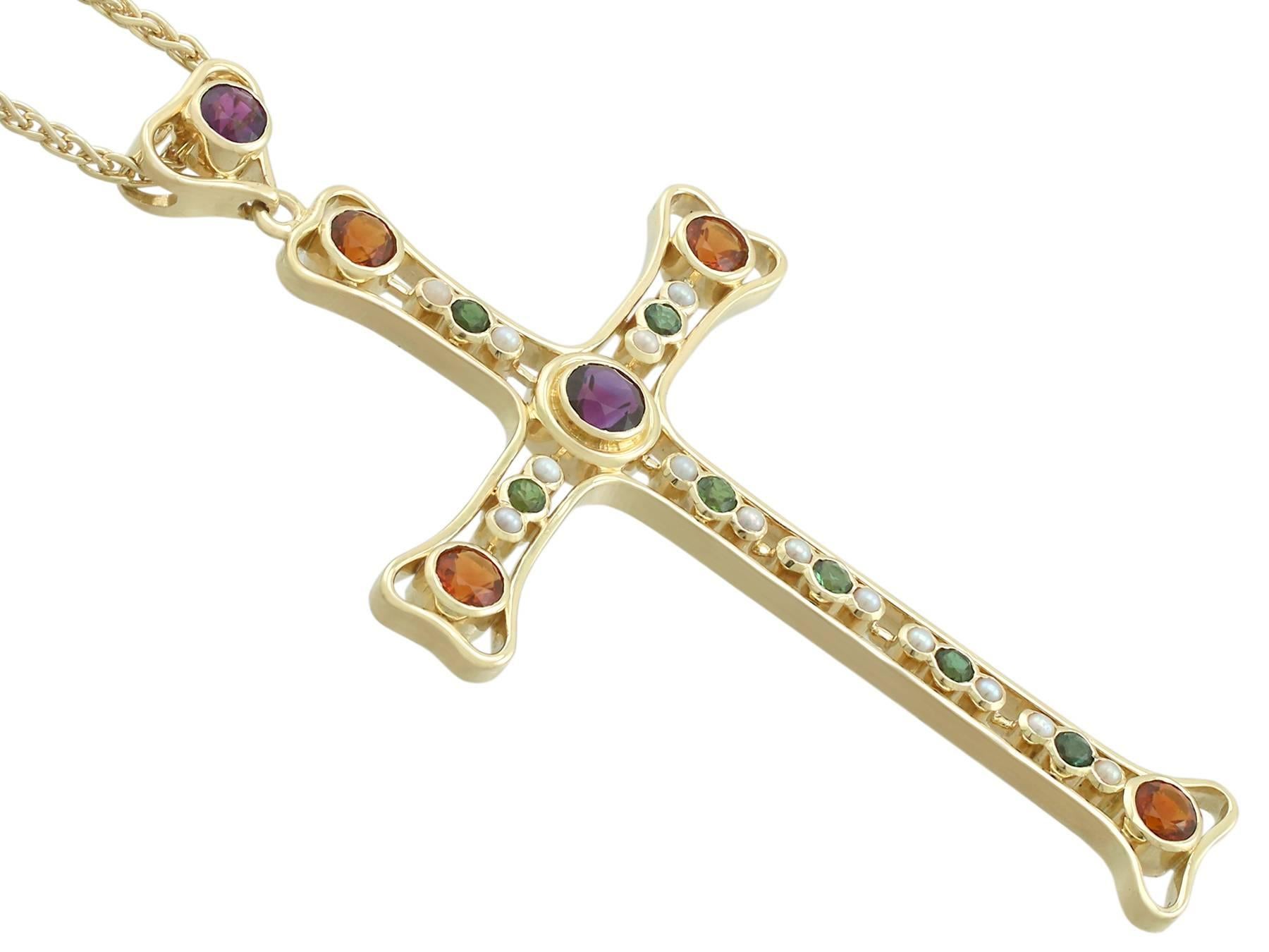 Round Cut 3.35 Carat Amethyst and Peridot Citrine and Seed Pearl Yellow Gold Cross Pendant For Sale