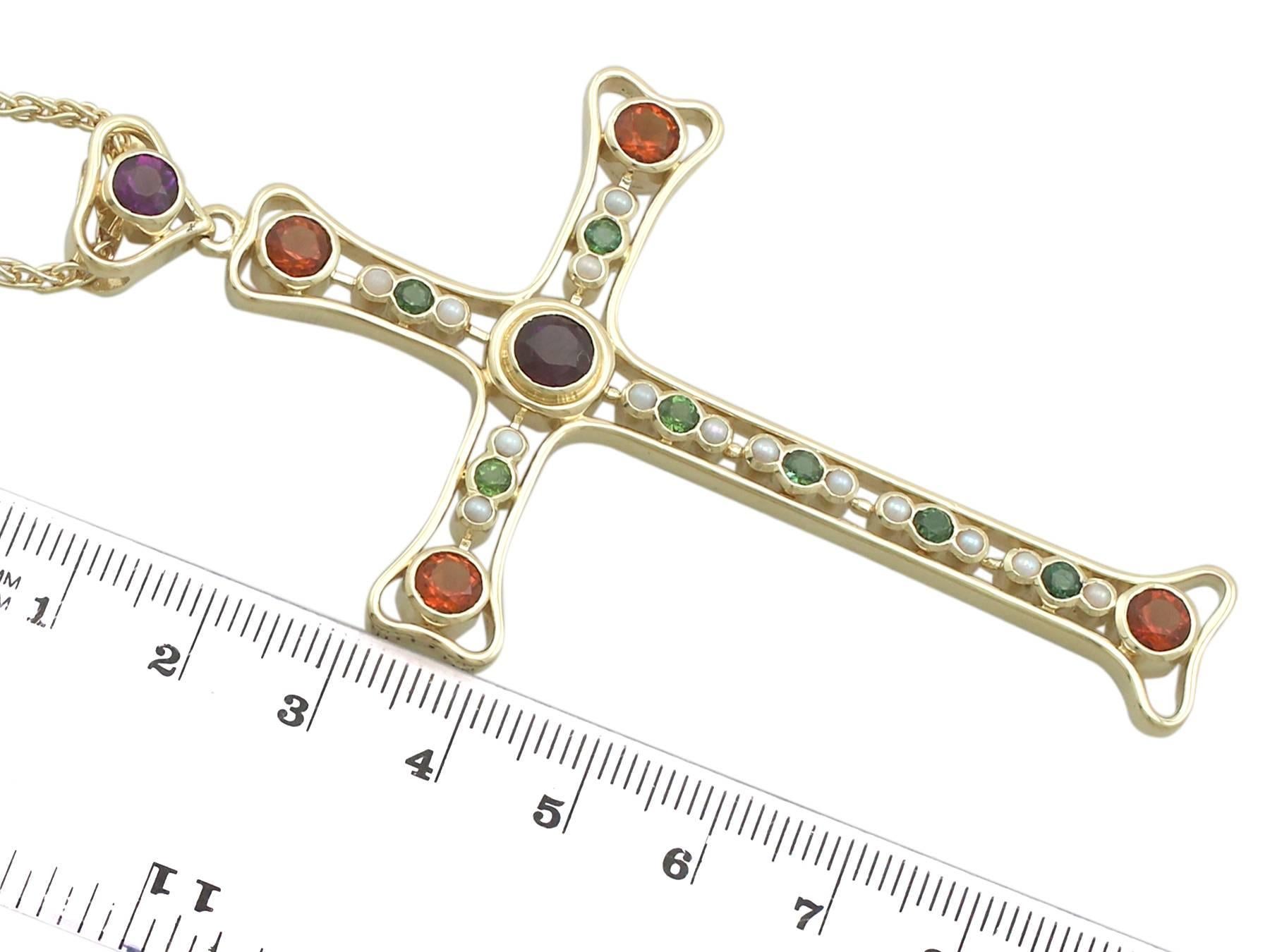 Women's or Men's 3.35 Carat Amethyst and Peridot Citrine and Seed Pearl Yellow Gold Cross Pendant For Sale