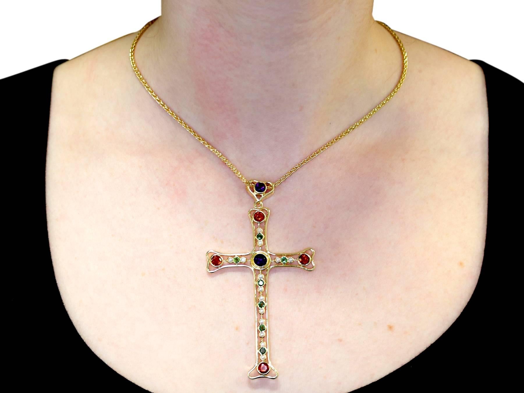 3.35 Carat Amethyst and Peridot Citrine and Seed Pearl Yellow Gold Cross Pendant For Sale 2