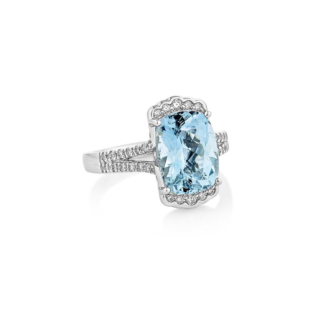 This collection features an array of Aquamarines with an icy blue hue that is as cool as it gets! accented with diamonds embedded in white gold, and it has a classic yet beautiful appeal.
  
Aquamarine Fancy Ring in 18Karat White Gold with White