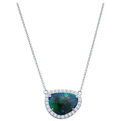 3.35 Carat Australian Blue/Green Opal with 0.27 Carat Diamond Halo Necklace
