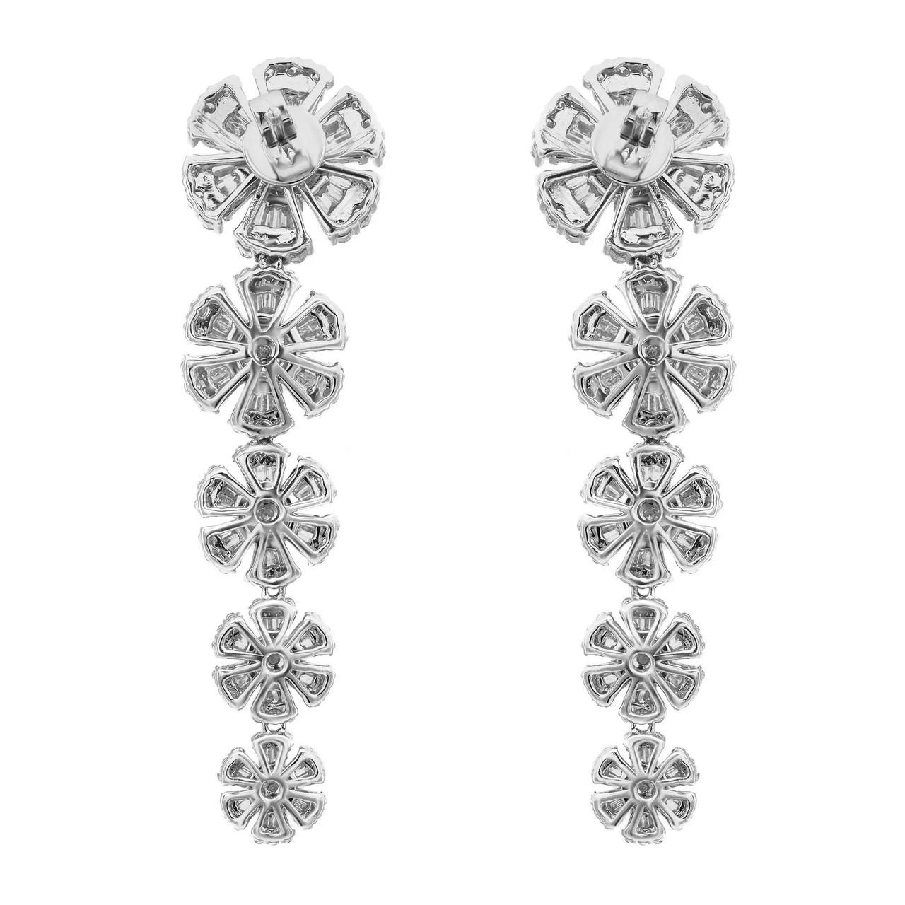 Modern 3.35 Carat Baguette and Round Cut Diamond Drop Flower Earrings 18K White Gold  For Sale