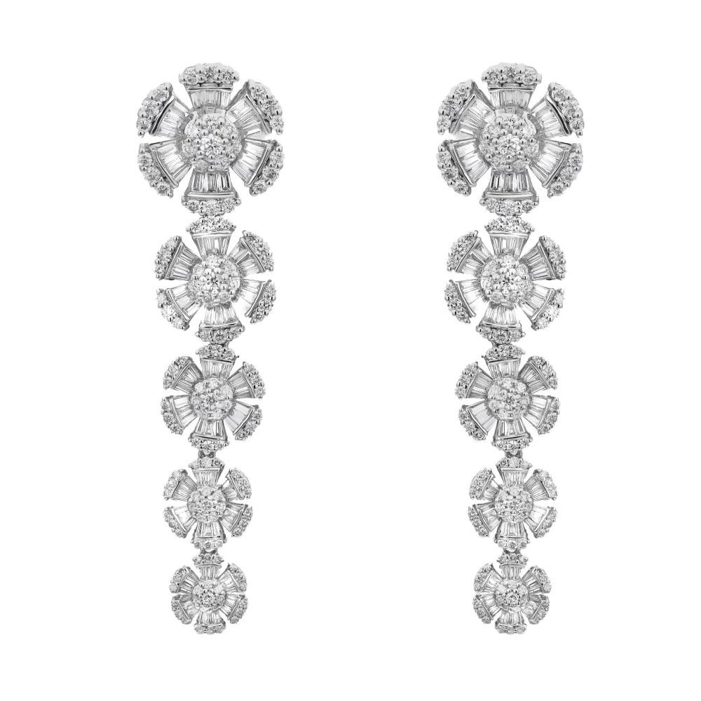 3.35 Carat Baguette and Round Cut Diamond Drop Flower Earrings 18K White Gold  In New Condition For Sale In New York, NY