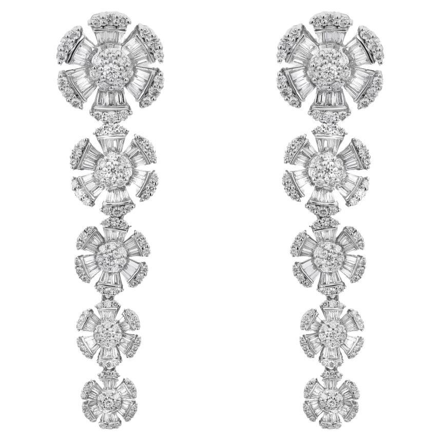 3.35 Carat Baguette and Round Cut Diamond Drop Flower Earrings 18K White Gold  For Sale