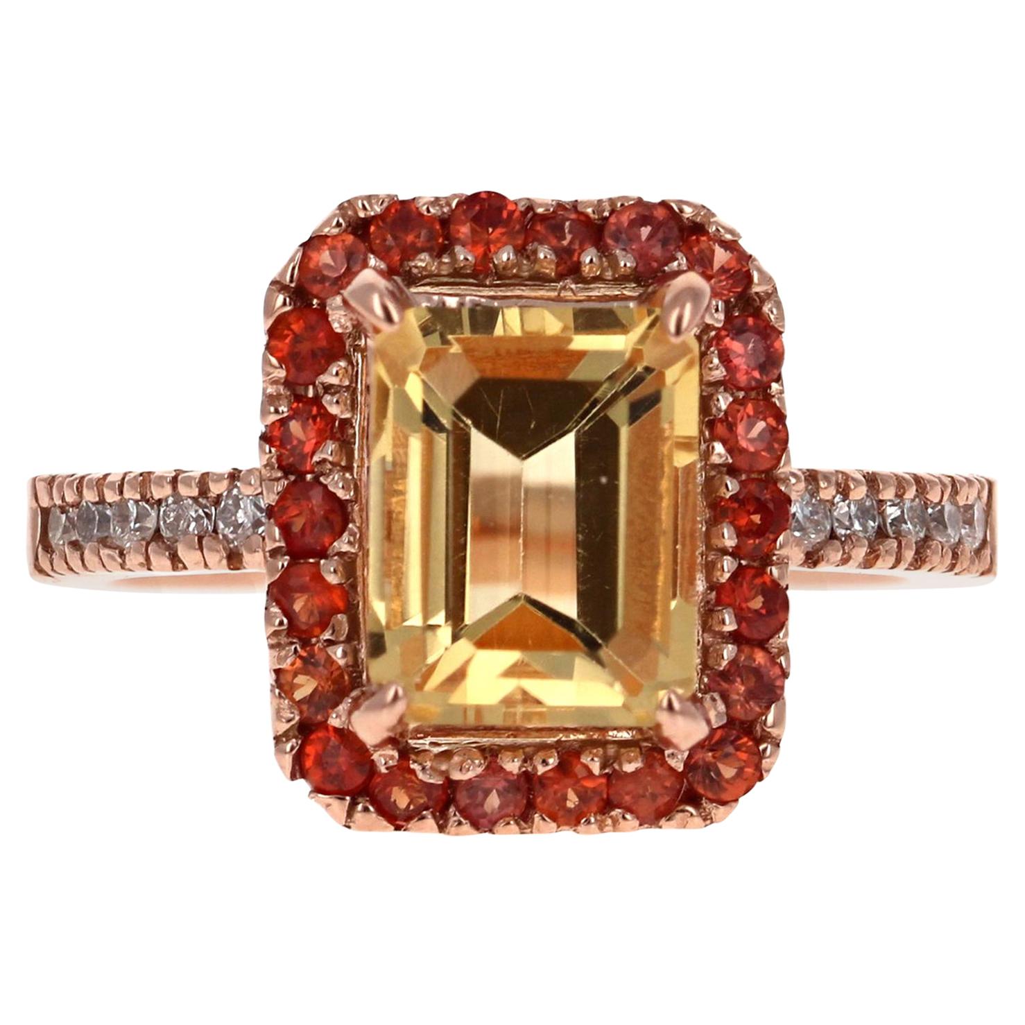 3.35 Carat Emerald Cut Citrine, Sapphire Diamond 14 Karat Gold Engagement Ring