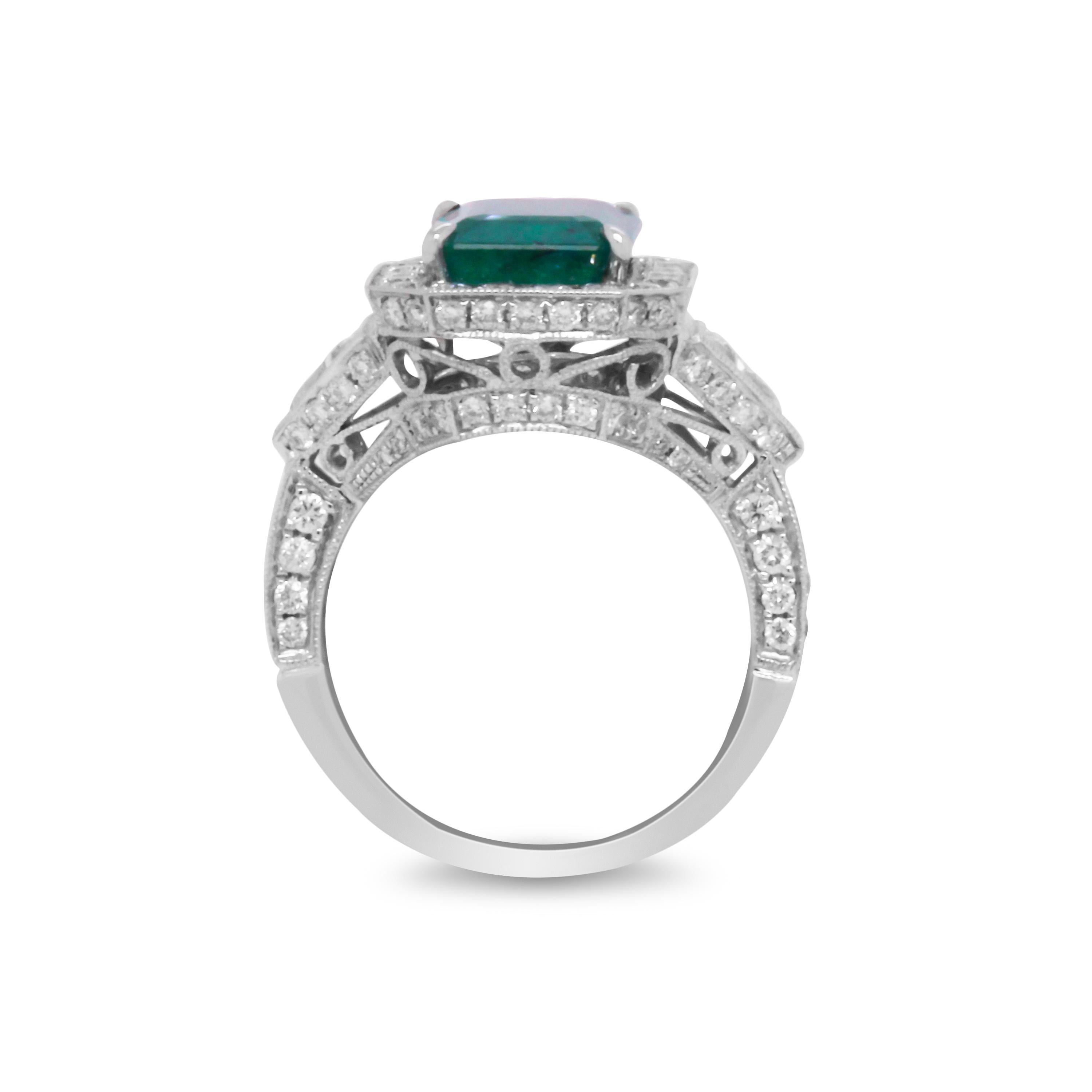 Contemporary 3.35 Carat Colombian Emerald Trillion Cut Diamond White Gold Cocktail Ring For Sale