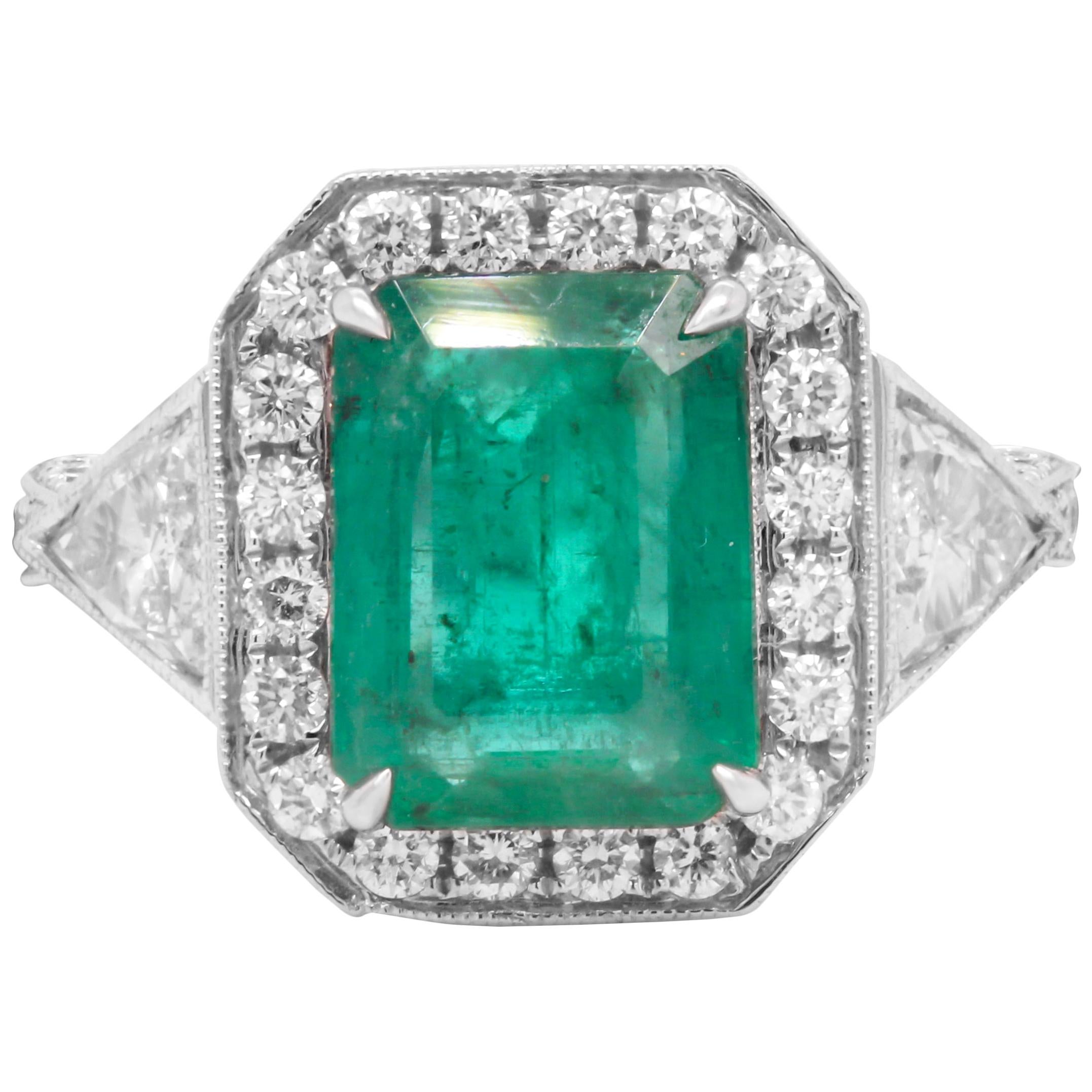 3.35 Carat Colombian Emerald Trillion Cut Diamond White Gold Cocktail Ring